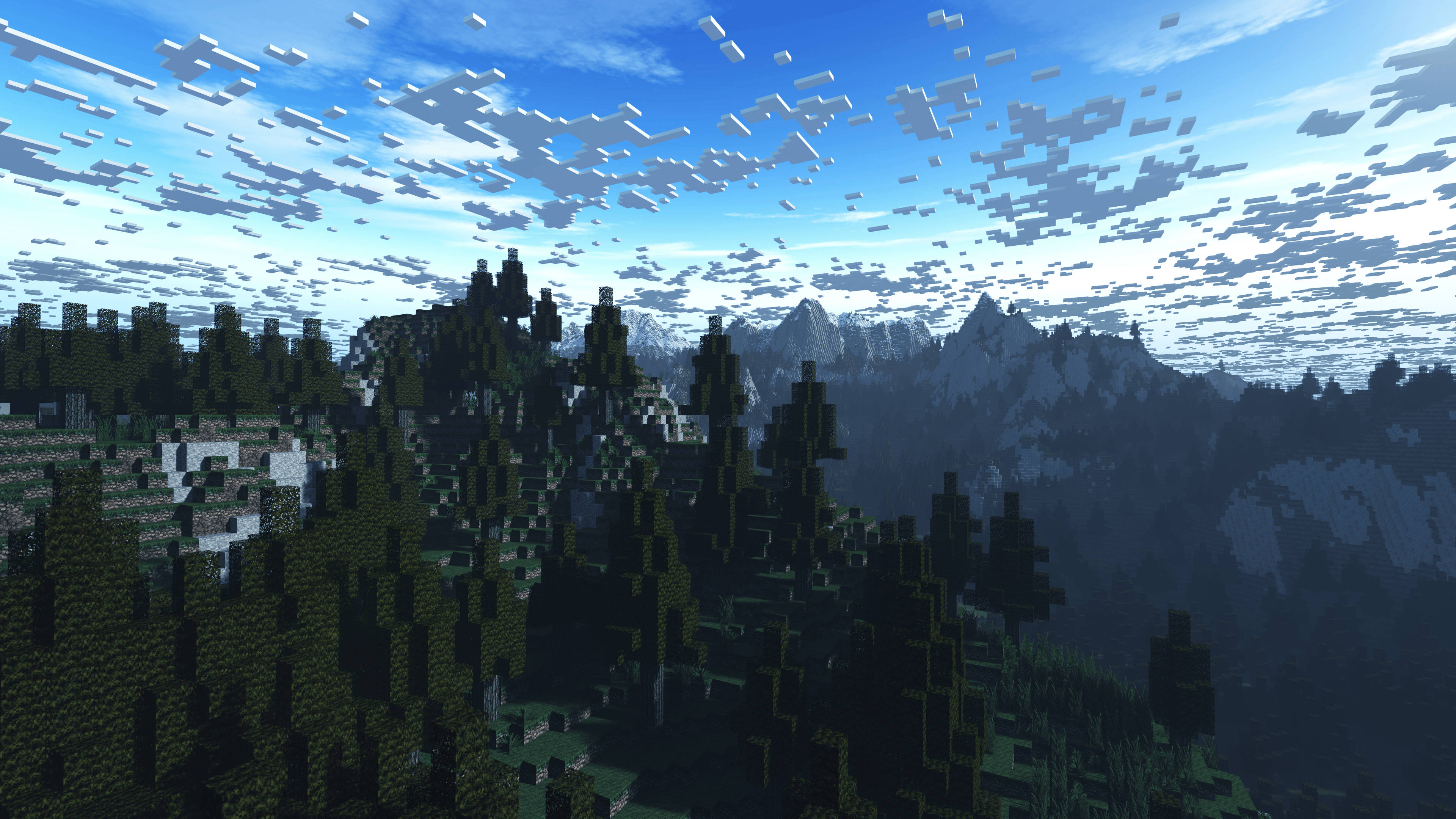 Minecraft PC, mountain range, dense forests, 4K Desktop Wallpaper