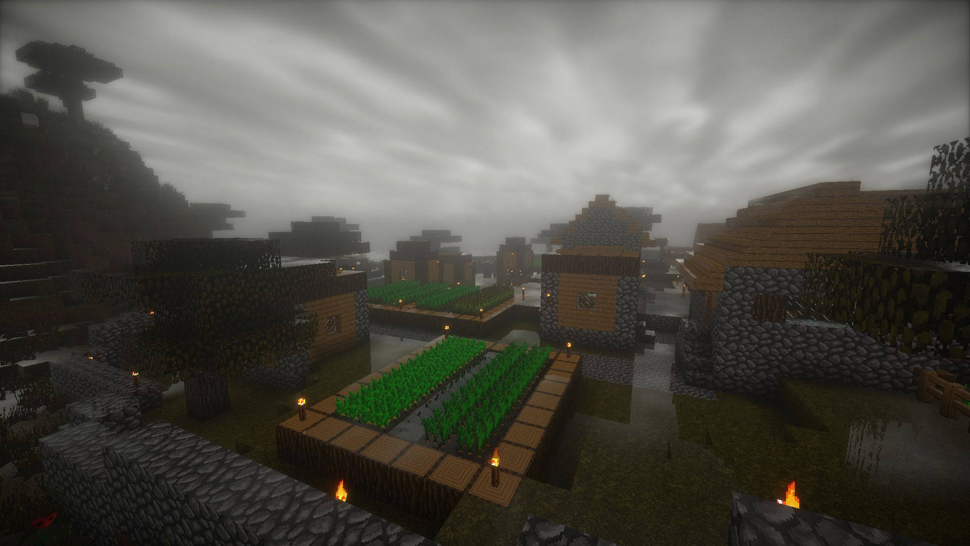 Minecraft PC, gloomy farm, misty Minecraft village, Full HD Desktop Wallpaper