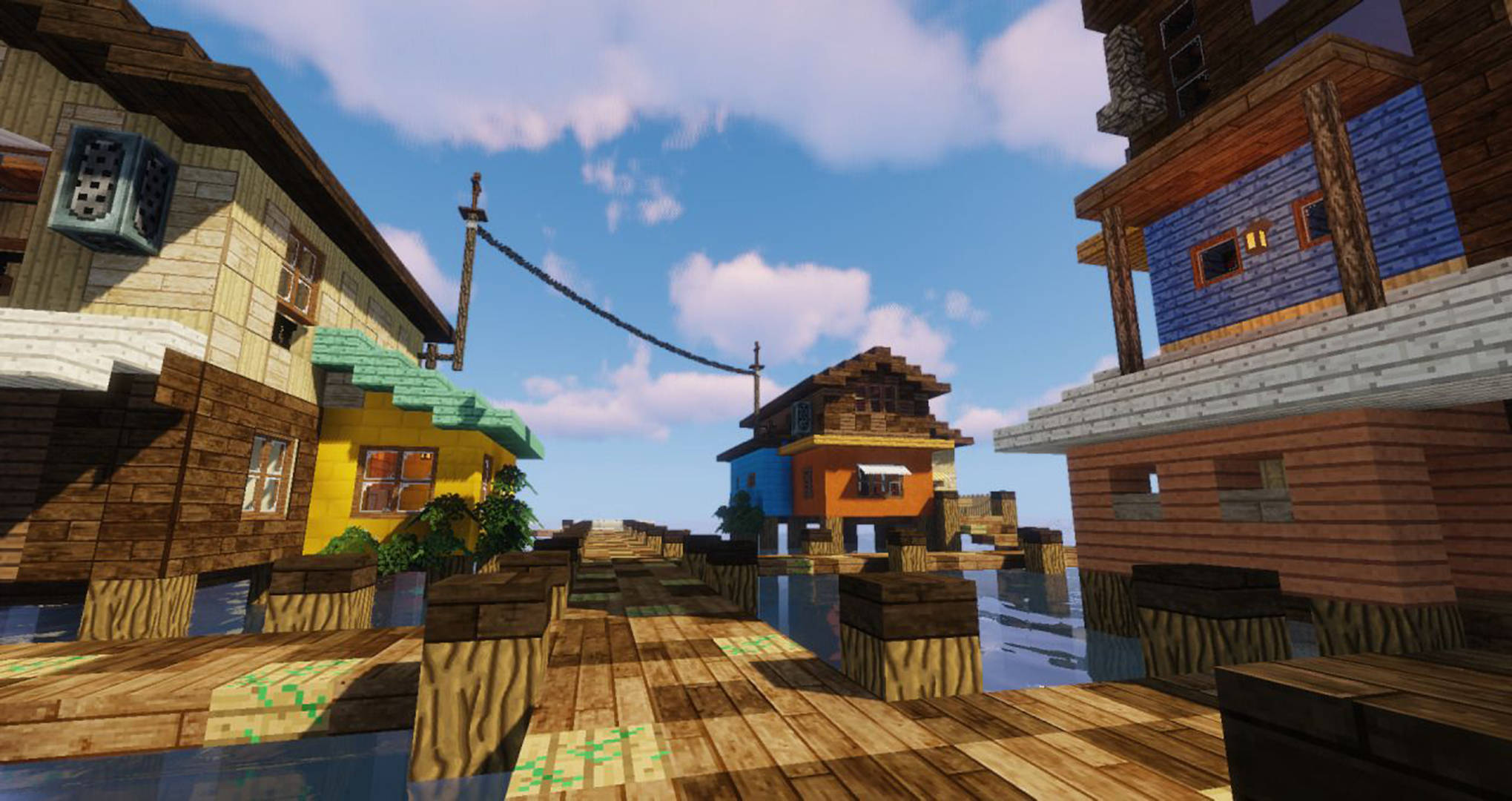 Minecraft, wooden houses, stilts, Full HD Desktop Wallpaper