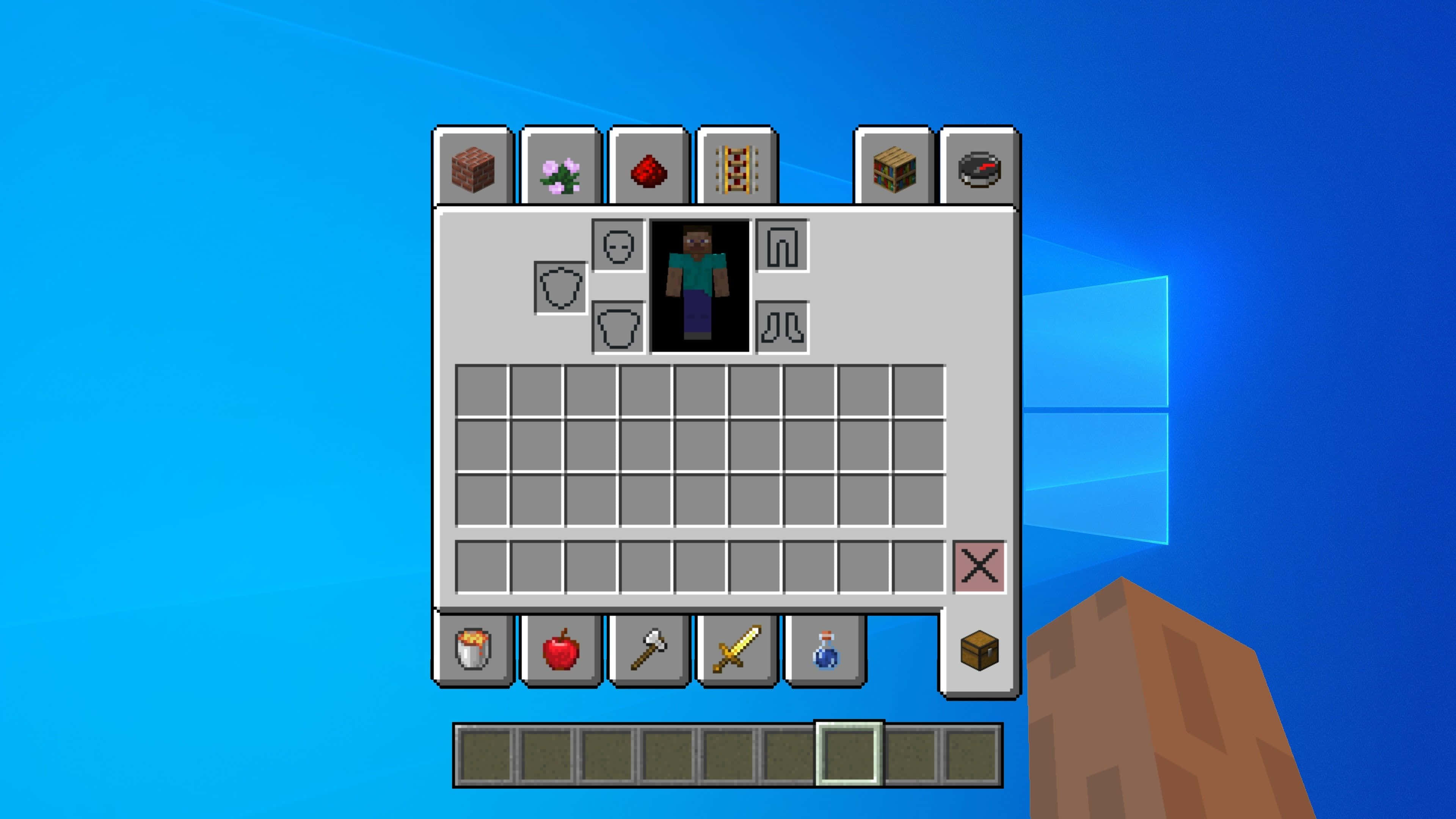Minecraft inventory, Steve's hand, Windows 10 background, 4K Desktop Wallpaper