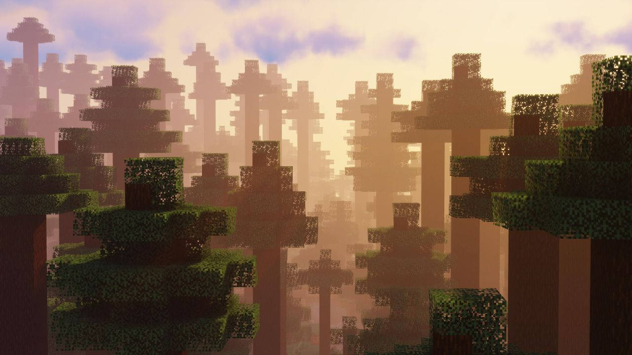 Minecraft, pine trees, sunlight, HD Desktop Wallpaper