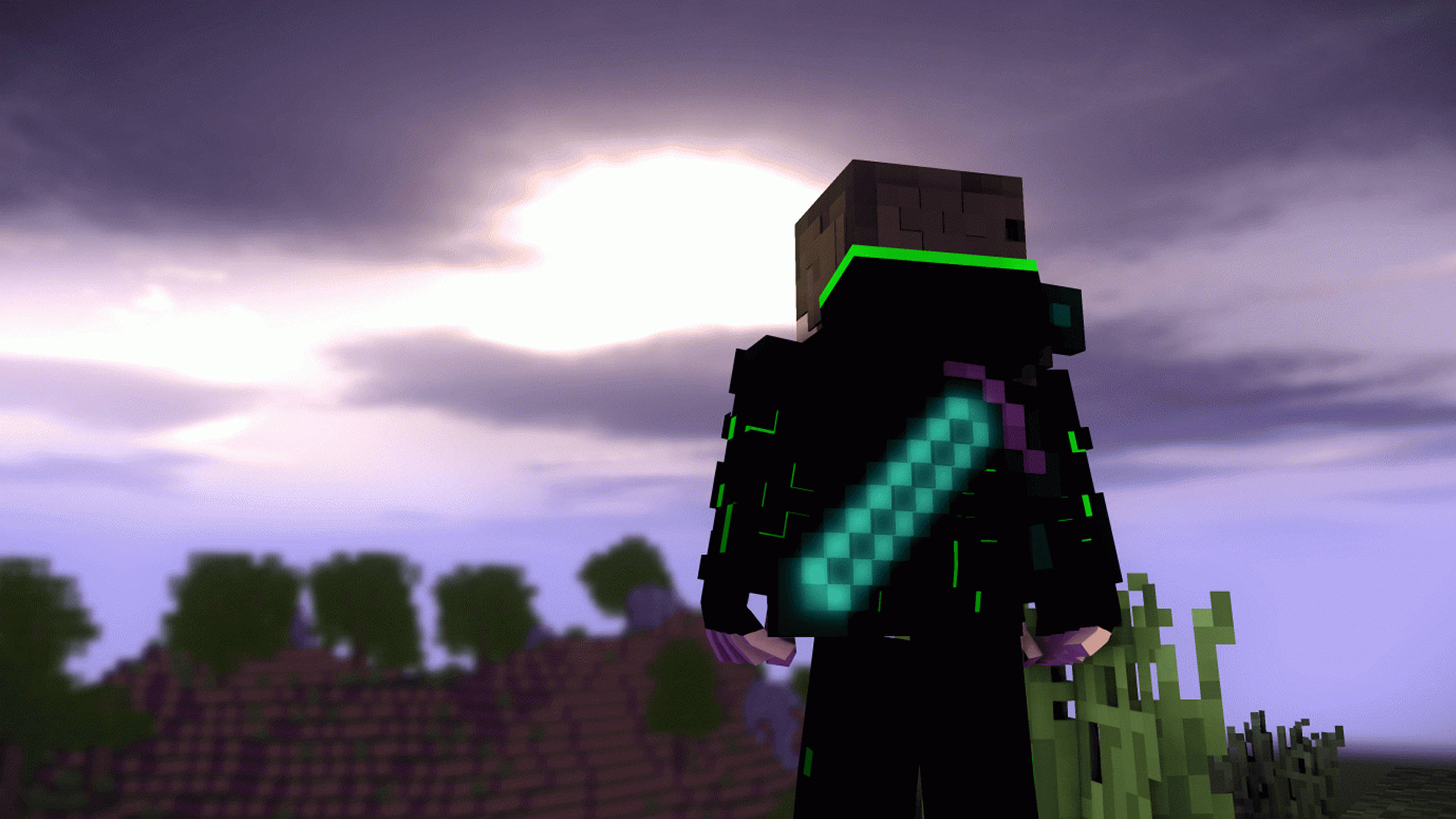 Minecraft, diamond sword, black armor, 2K Desktop Wallpaper