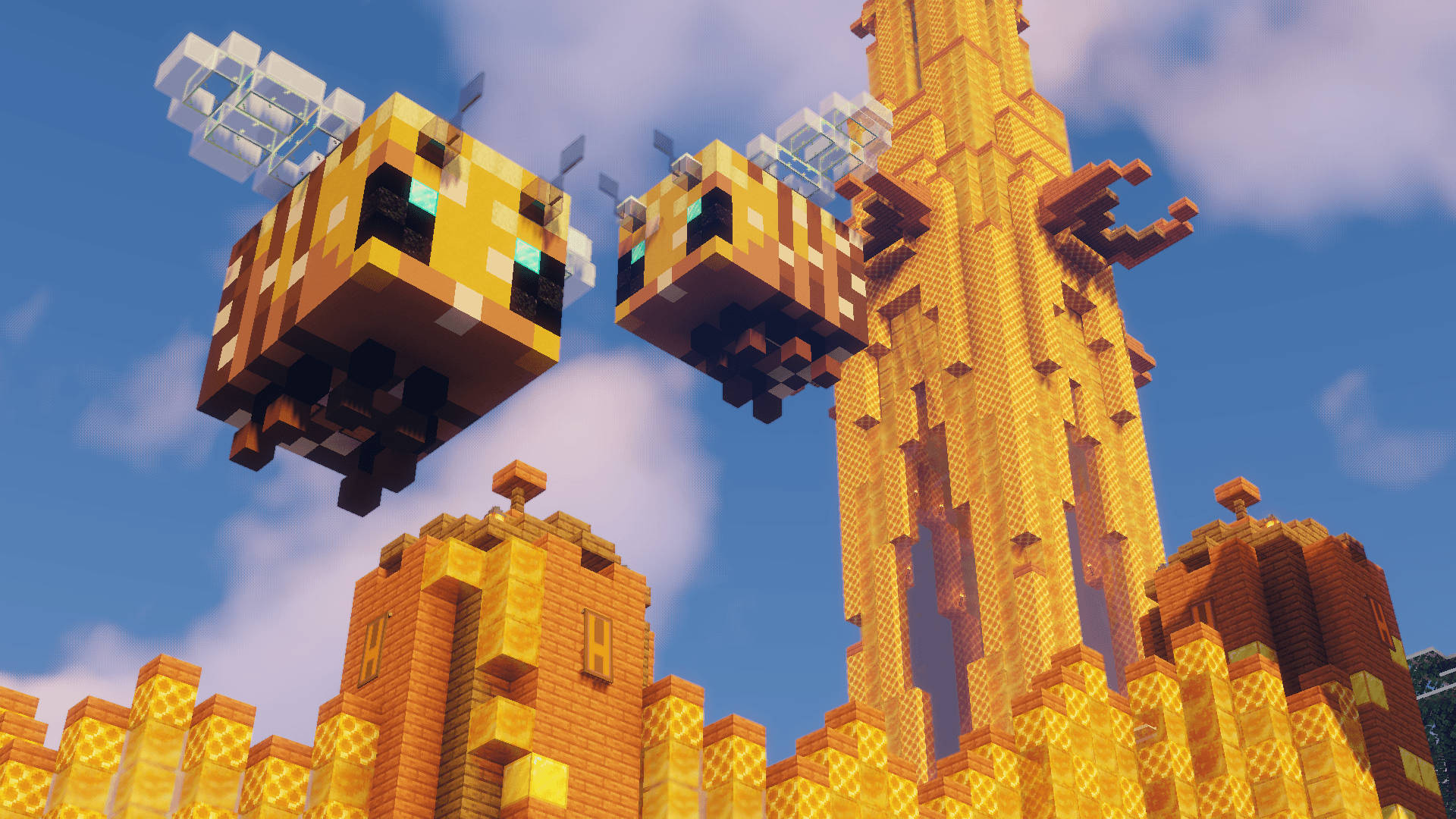 Minecraft, yellow bee blocks, honeycomb structure, Full HD Desktop Wallpaper