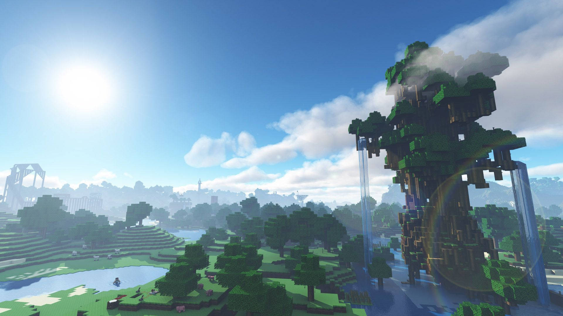 Minecraft PC, large tree, waterfalls, Full HD Desktop Wallpaper