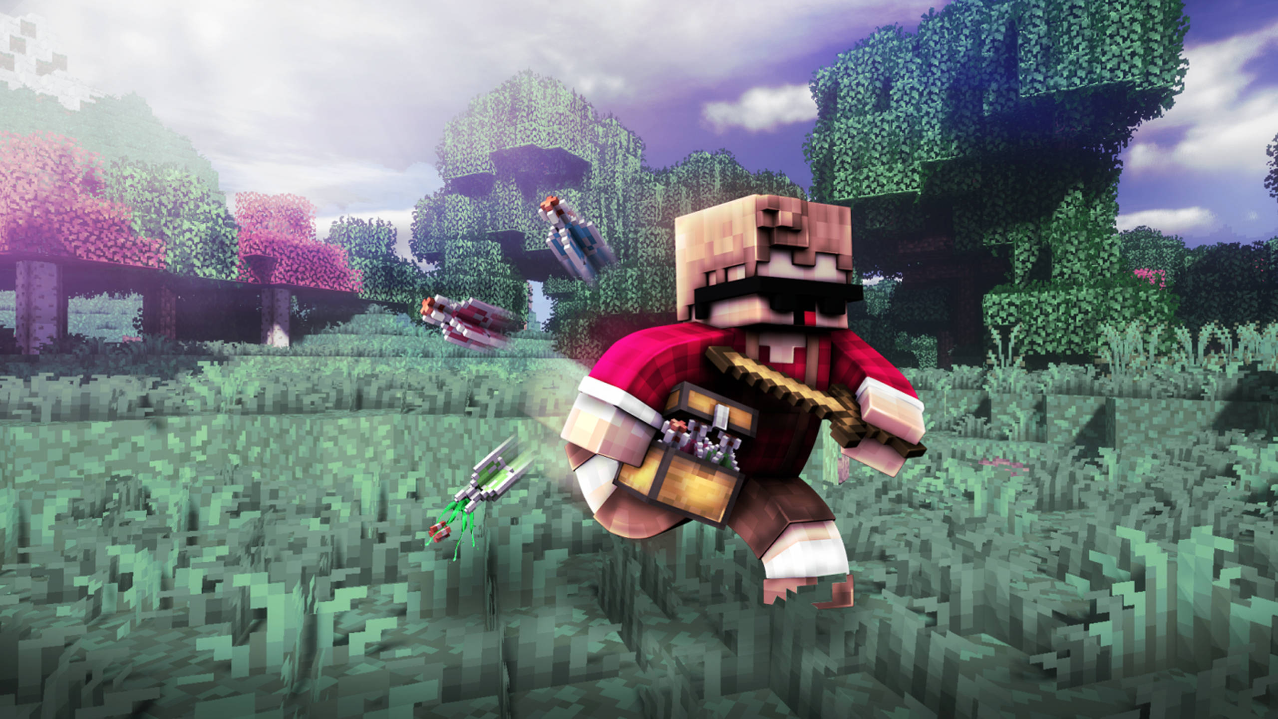 Minecraft, chest full of potions, red armor, 2K Desktop Wallpaper