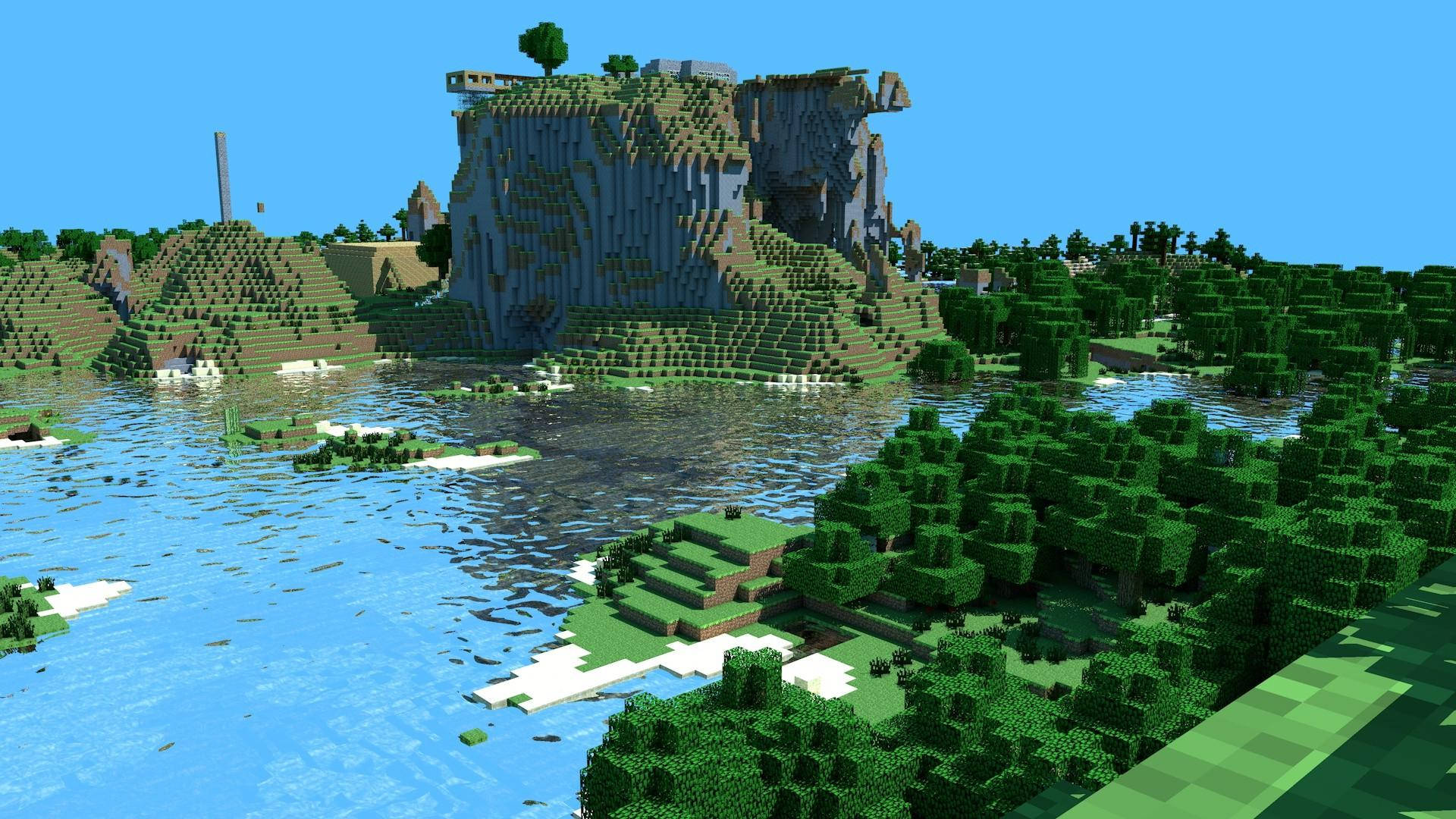 Minecraft, blocky Minecraft landscape, towering cliffside, Full HD Desktop Wallpaper
