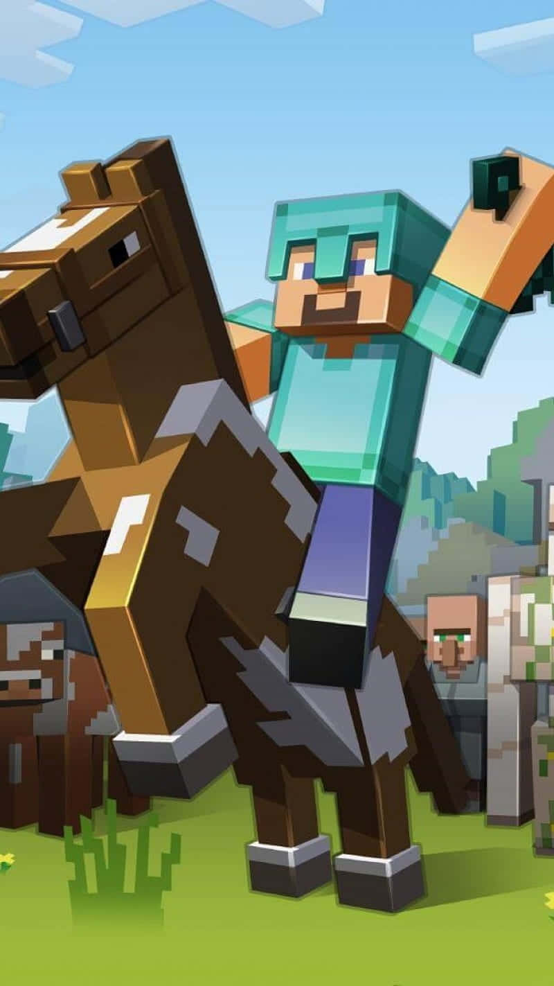 Minecraft player, teal hair, brown horse, HD Phone Wallpaper