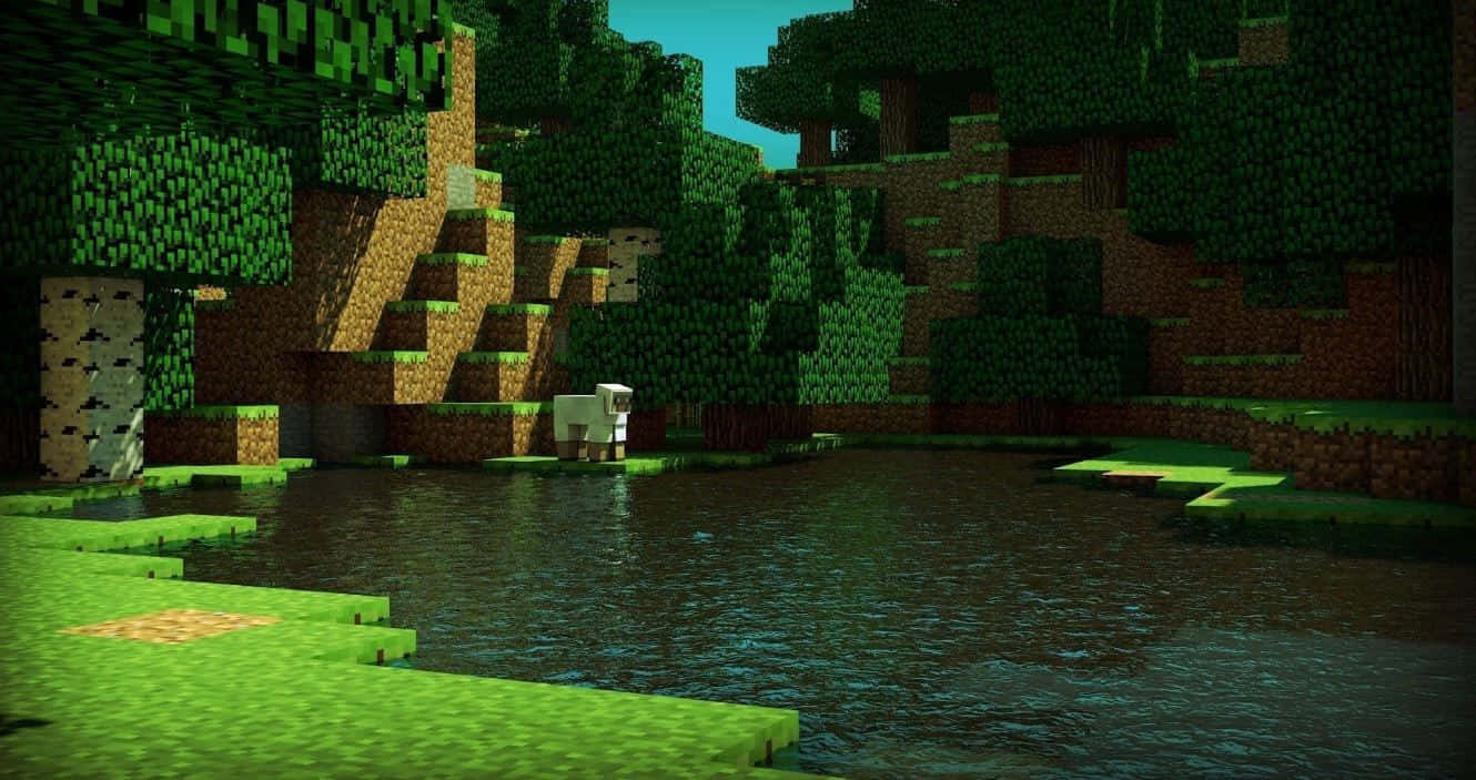 Minecraft, pixelated sheep, blocky green trees, HD Desktop Wallpaper