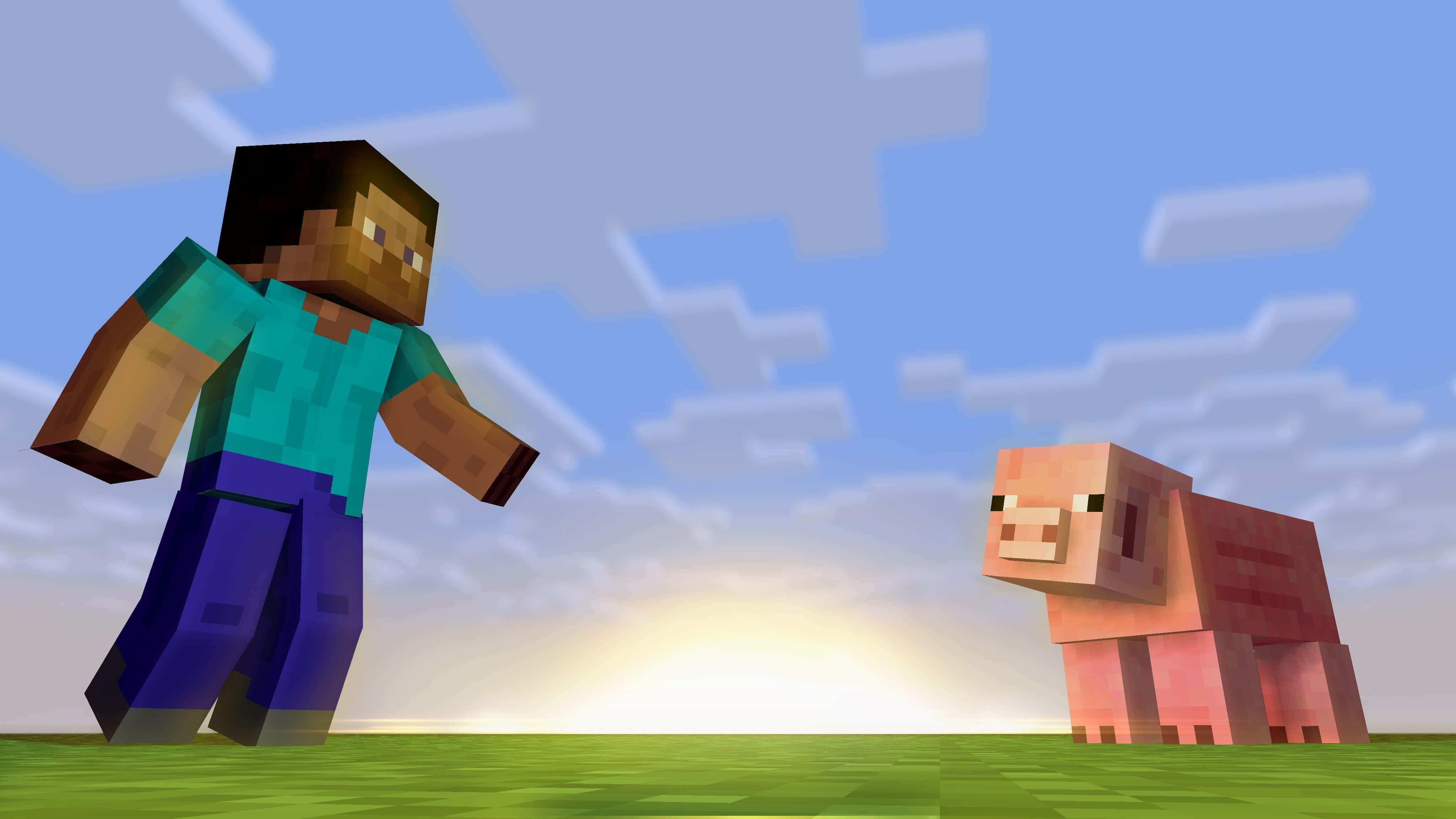 Minecraft, pink pig, grassy field, 4K Desktop Wallpaper