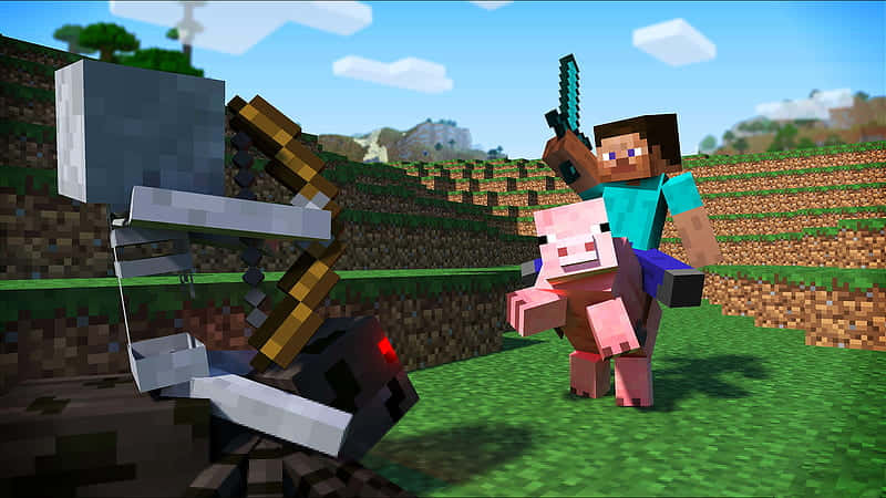 Minecraft Pig, Minecraft player, sword, SD Desktop Wallpaper