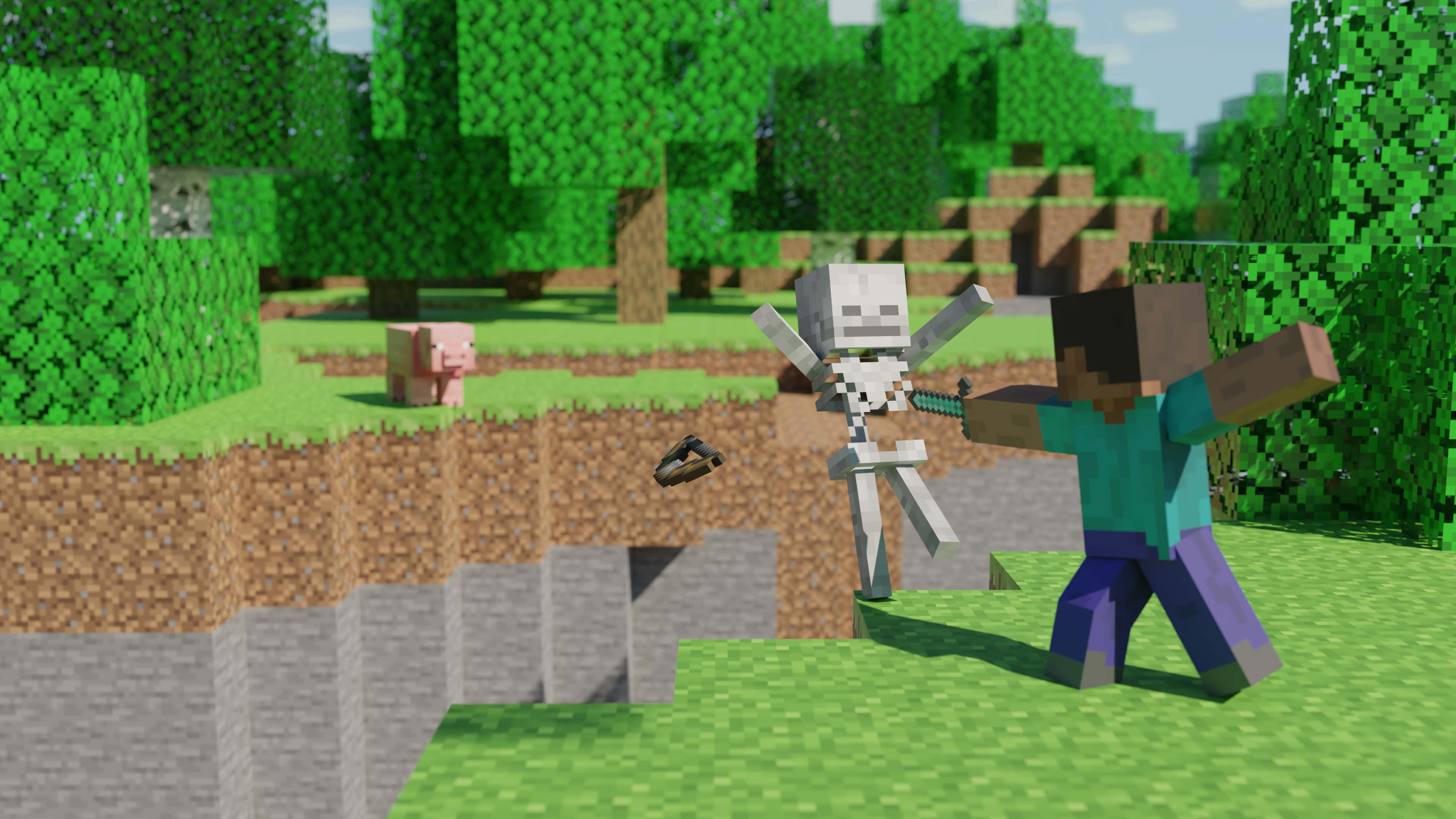 Minecraft, pig, skeleton, 4K Desktop Wallpaper