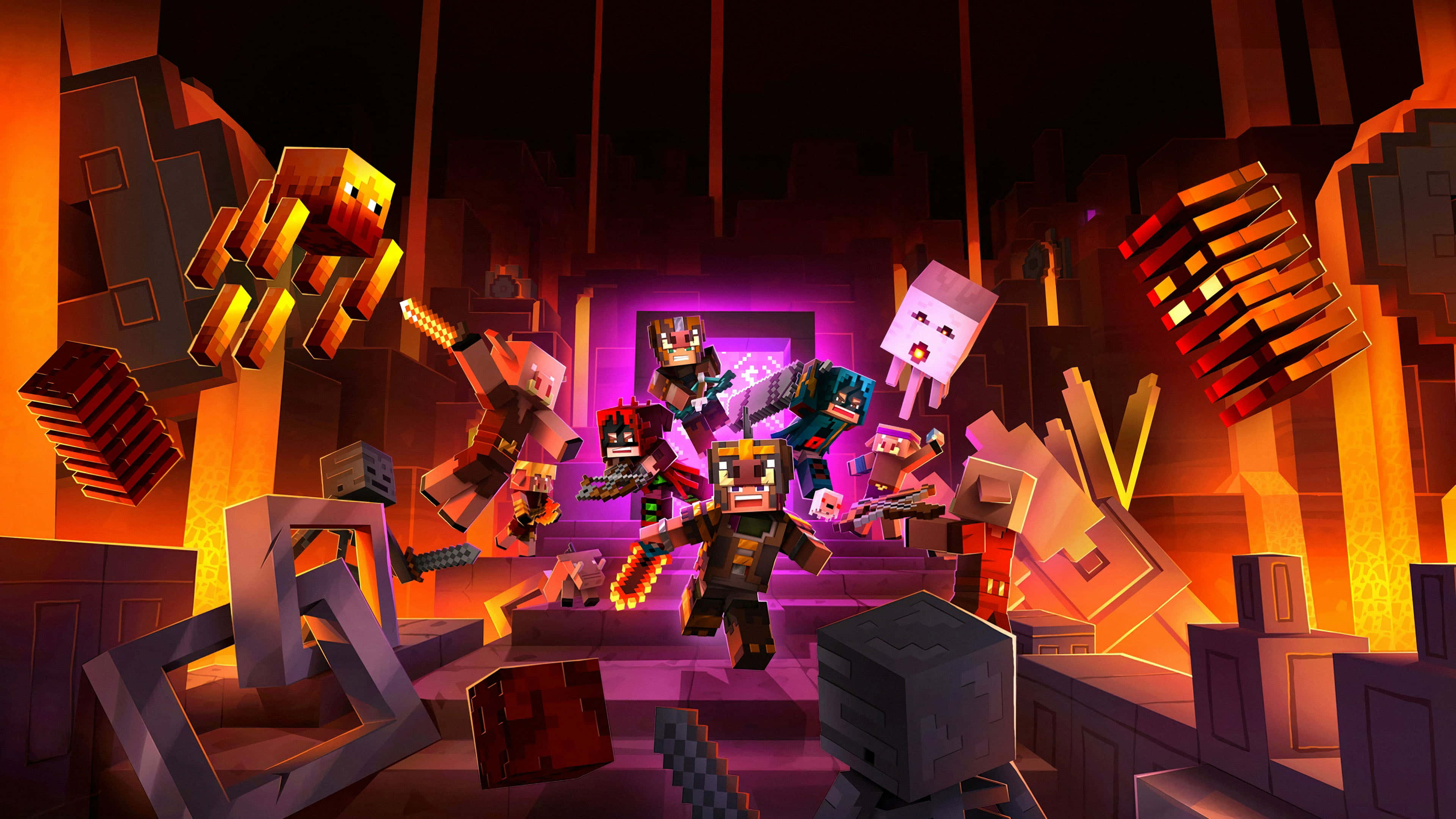 Minecraft Pig, pixelated characters, fiery Nether fortress, 4K Desktop Wallpaper