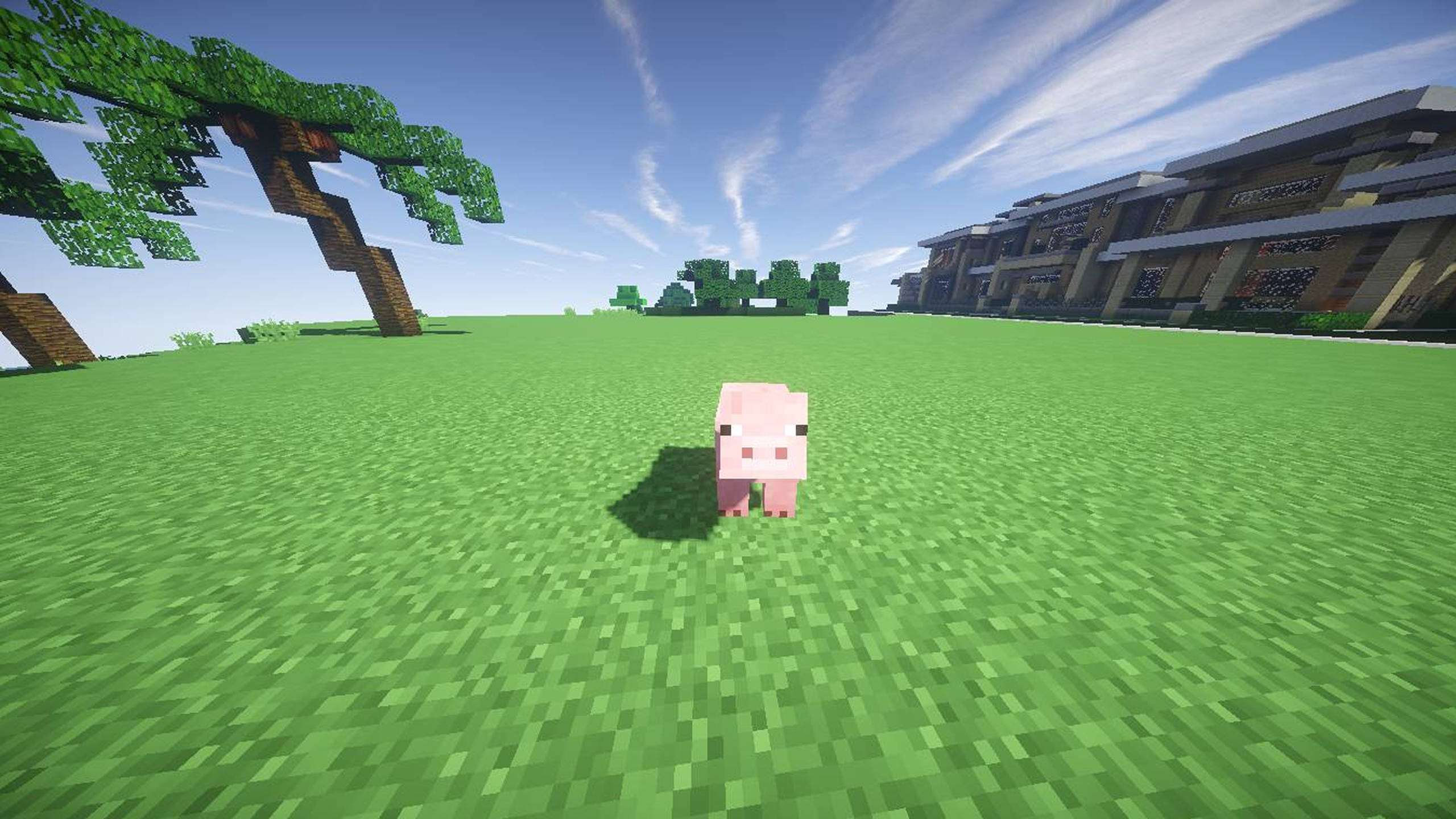 Minecraft, pink pixelated pig, vibrant green grass, 2K Desktop Wallpaper