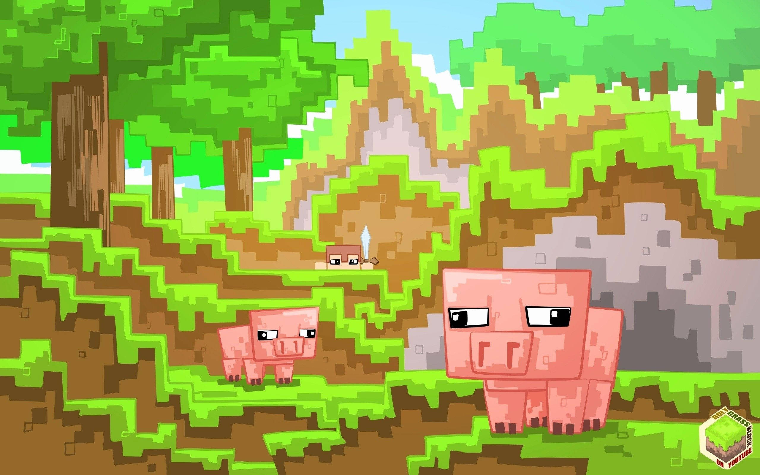 Minecraft, pigs, skeleton, 2K Desktop Wallpaper