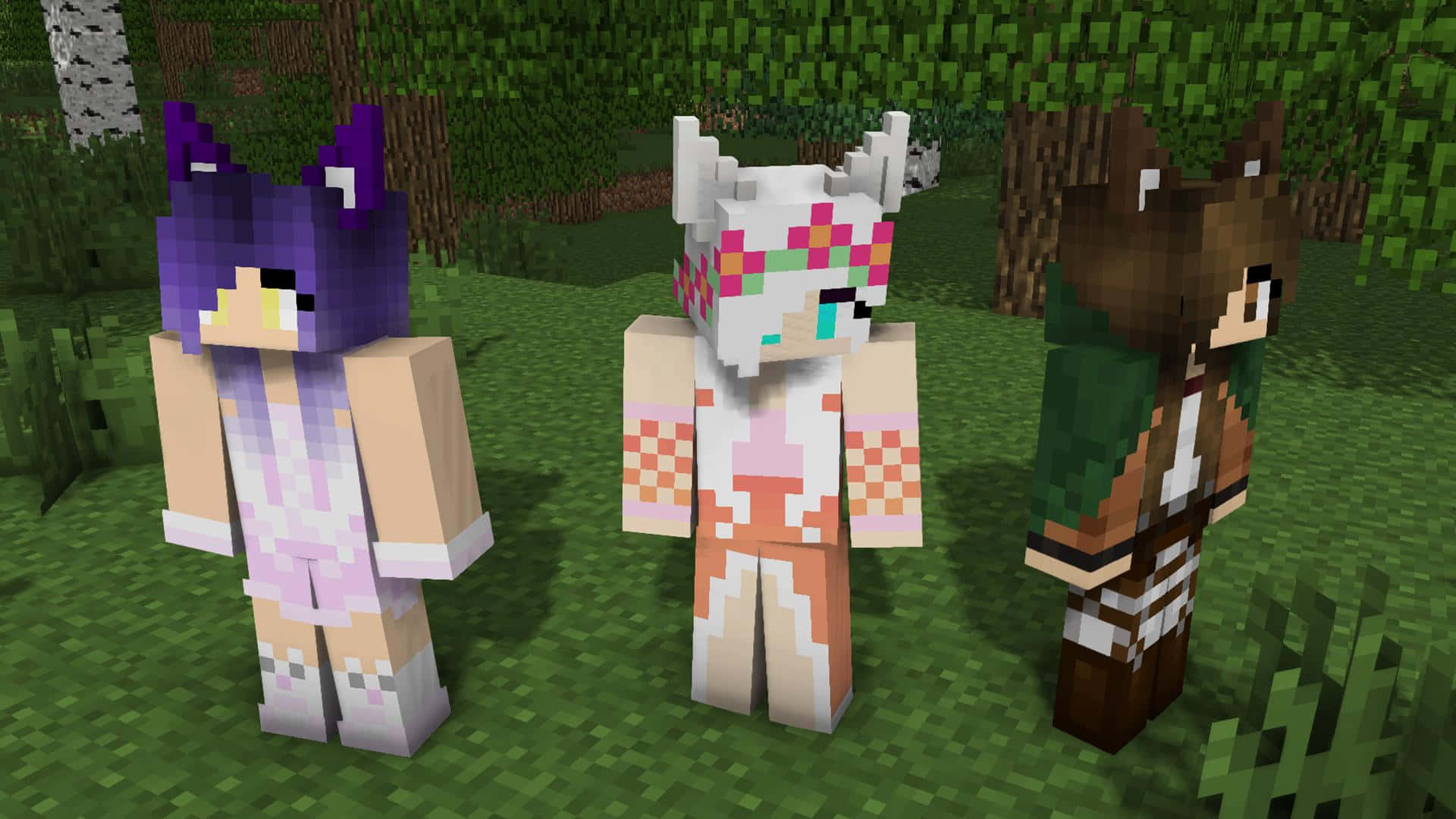 Minecraft, pixelated Minecraft characters, animal ears, Full HD Desktop Wallpaper