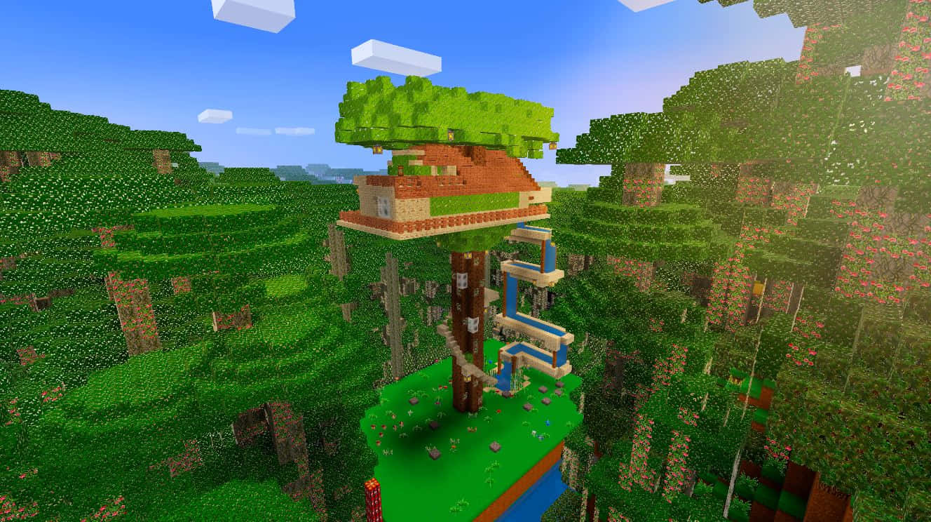 Minecraft Pixel Art, treehouse, lush green forest, HD Desktop Wallpaper