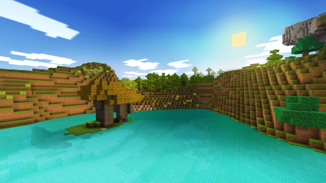 Minecraft Pixel Art, pixelated lake, blocky hills, HD Desktop Wallpaper