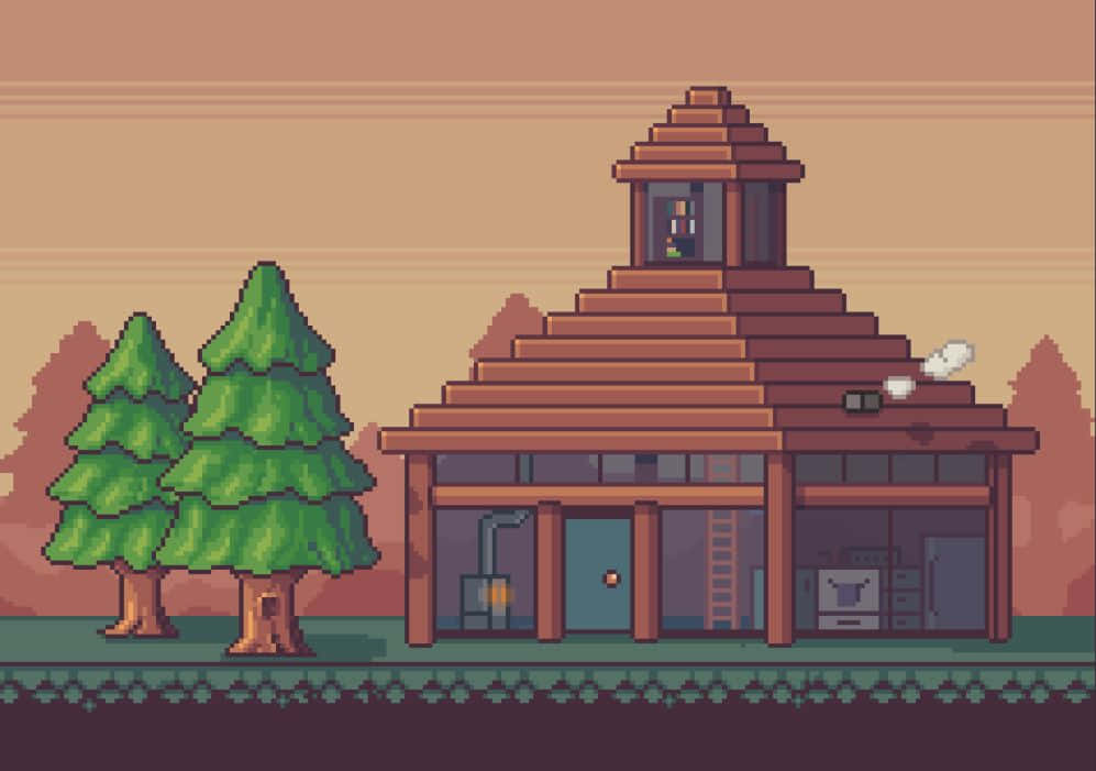 Minecraft Pixel Art, pixel-art cabin, tiered roof, SD Desktop Wallpaper