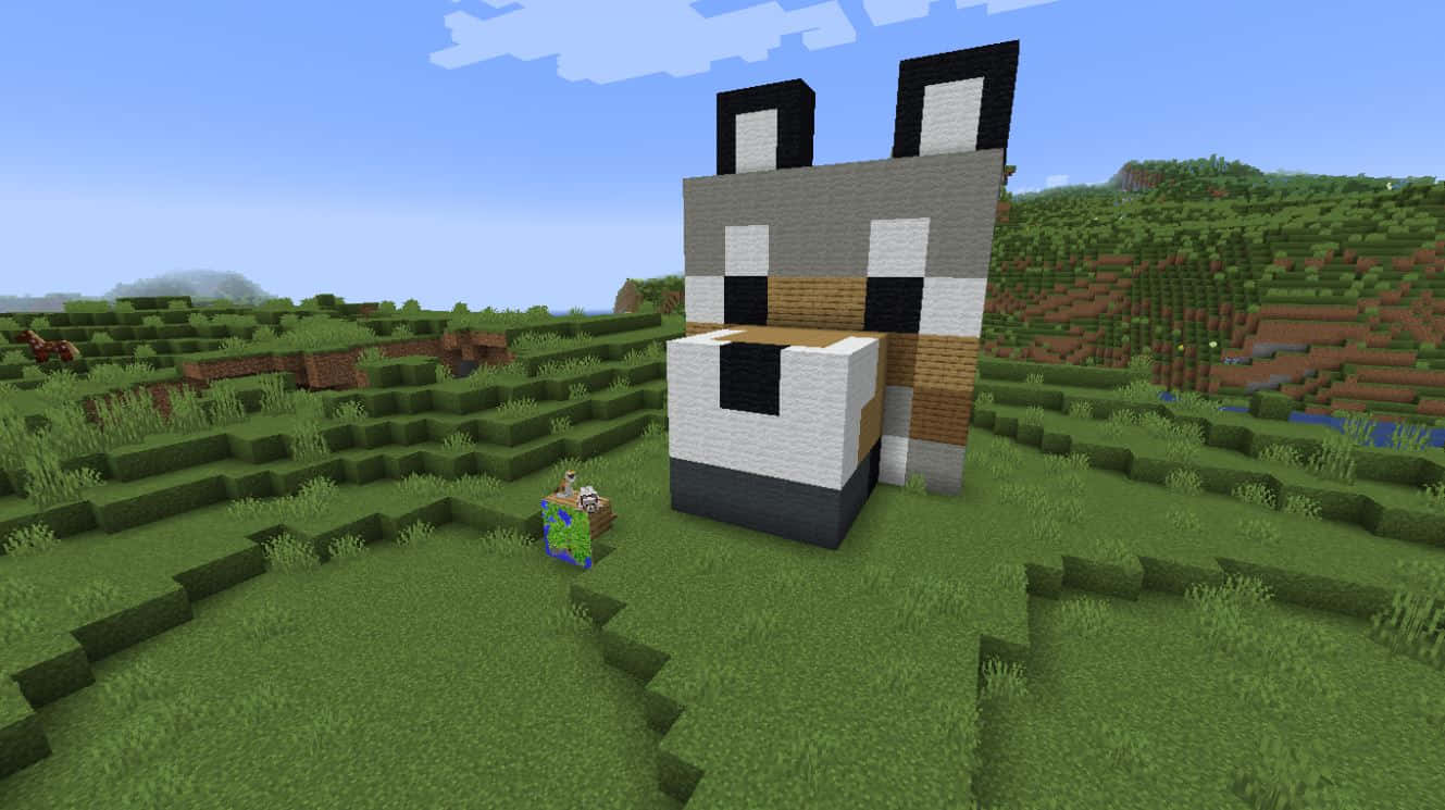 Minecraft, pixelated fox head sculpture, grassy Minecraft landscape, HD Desktop Wallpaper