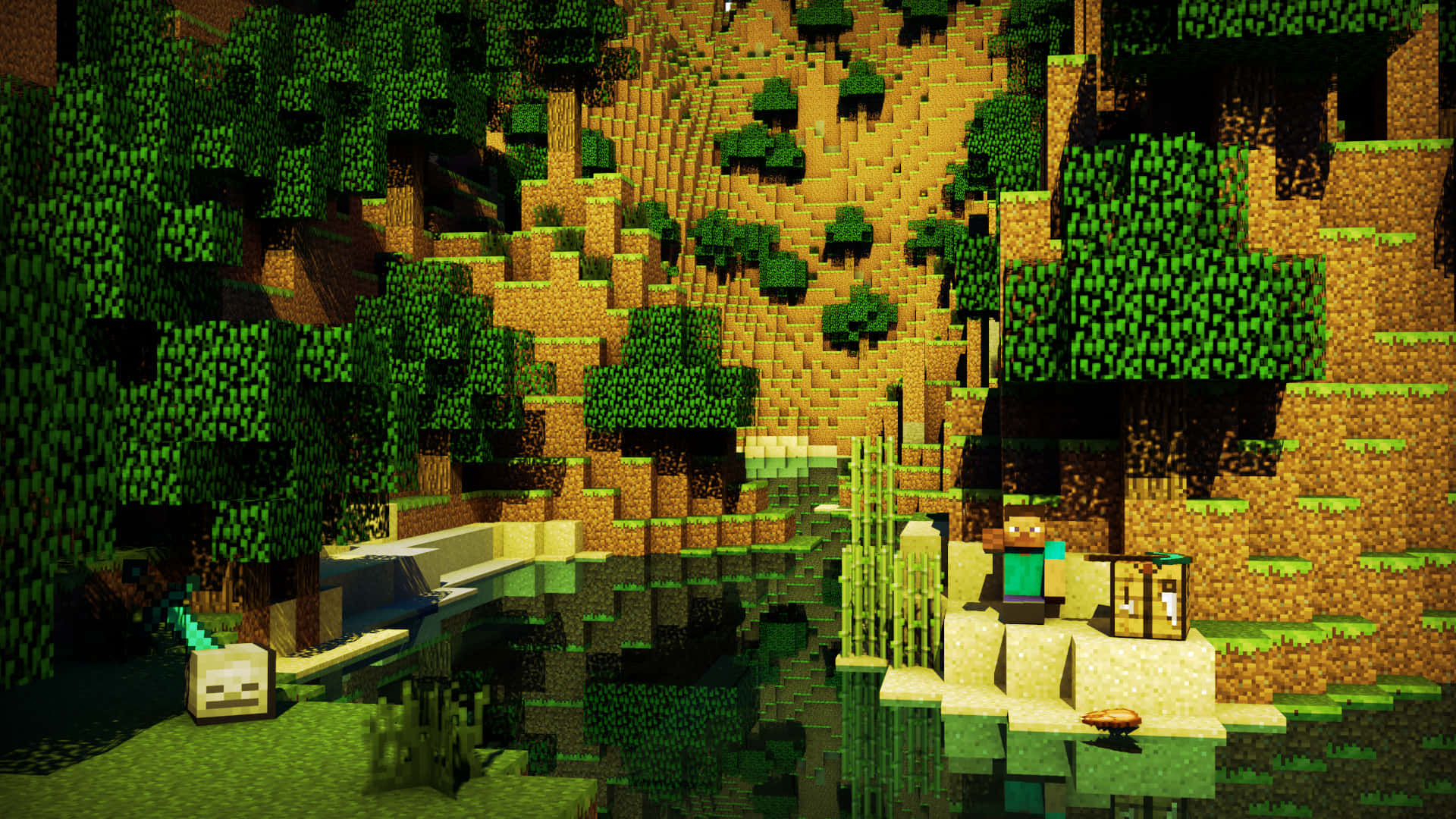 Minecraft, pixelated river, blocky green trees, Full HD Desktop Wallpaper
