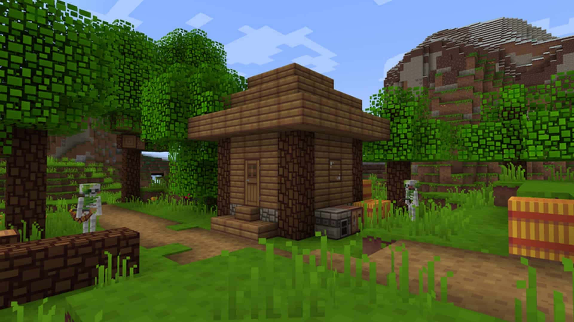 Minecraft, pixelated wooden cabin, lush green Minecraft forest, Full HD Desktop Wallpaper