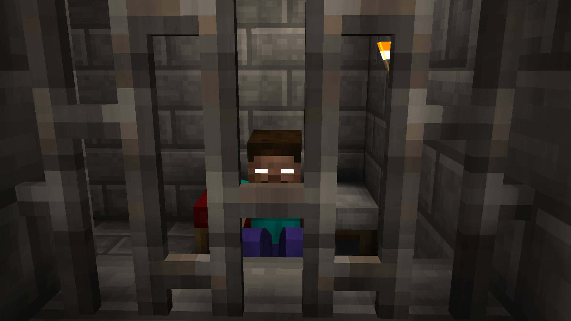 Minecraft, glowing eyes, stone jail bars, Full HD Desktop Wallpaper