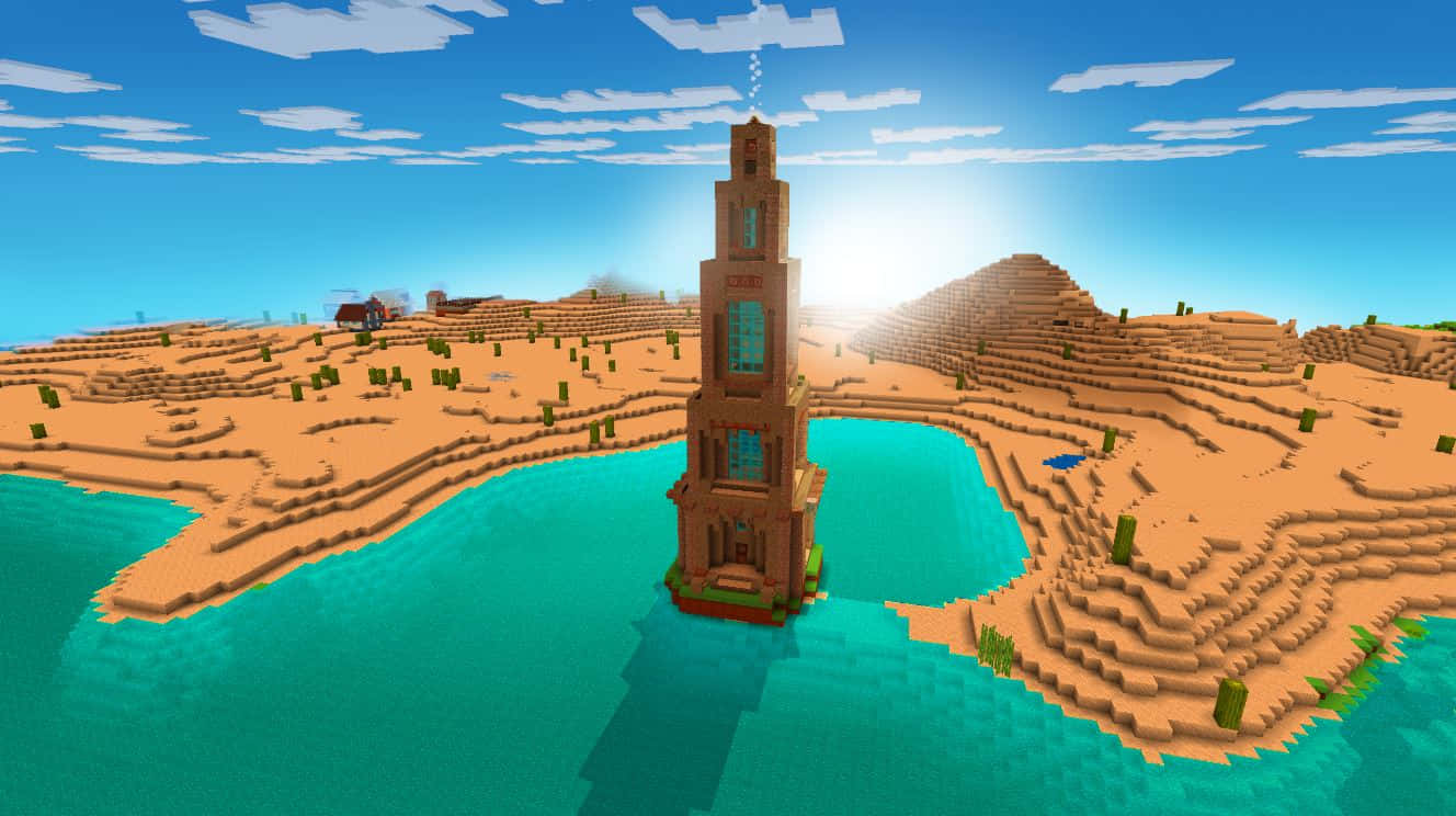 Minecraft Pixel Art, vibrant turquoise water, desert terrain, HD Desktop Wallpaper
