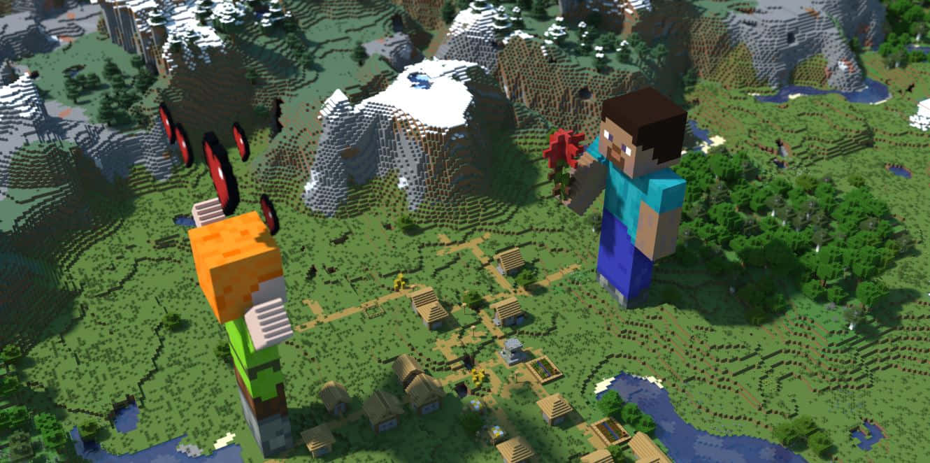 Minecraft, pixelated village, snowy mountains, HD Desktop Wallpaper
