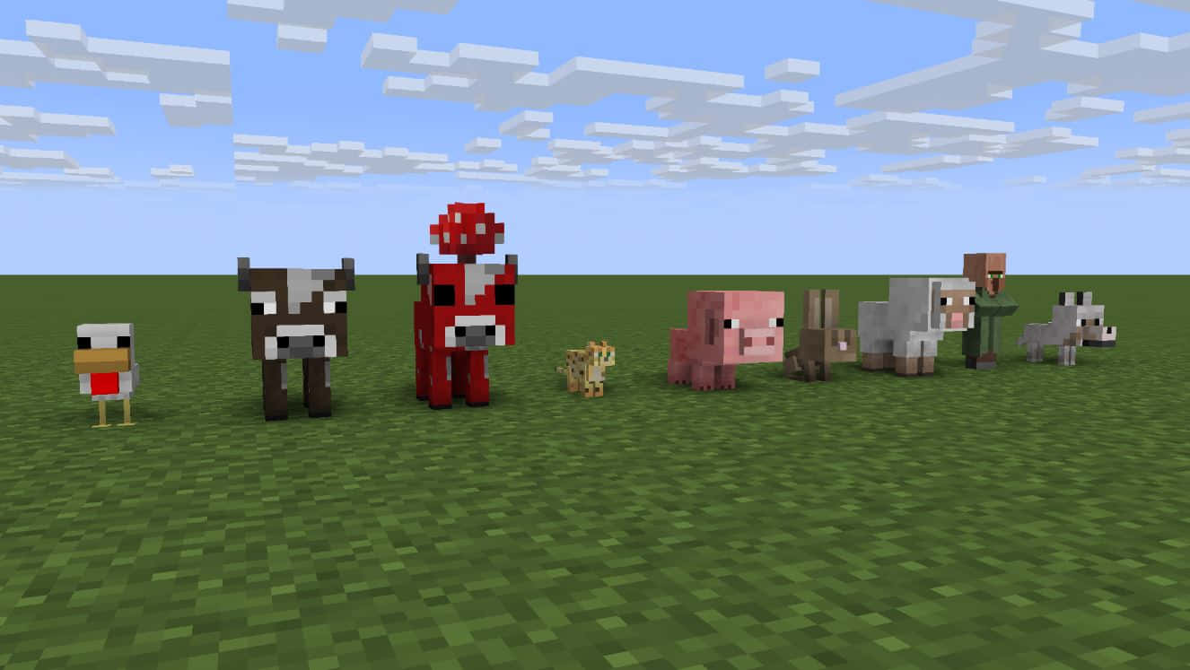 Minecraft, pixelated animals, player character, HD Desktop Wallpaper