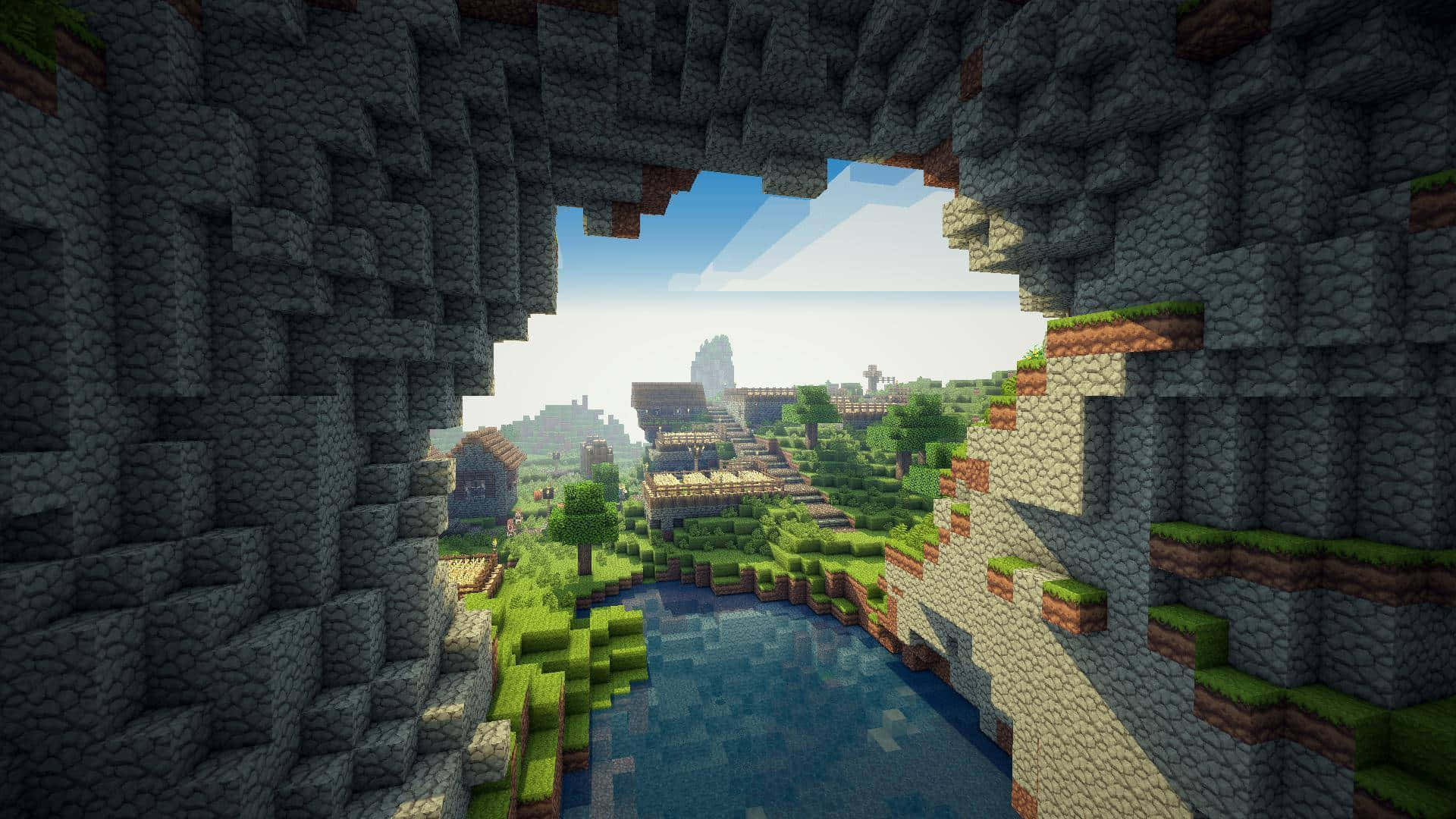 Minecraft, pixelated village, cave opening, Full HD Desktop Wallpaper