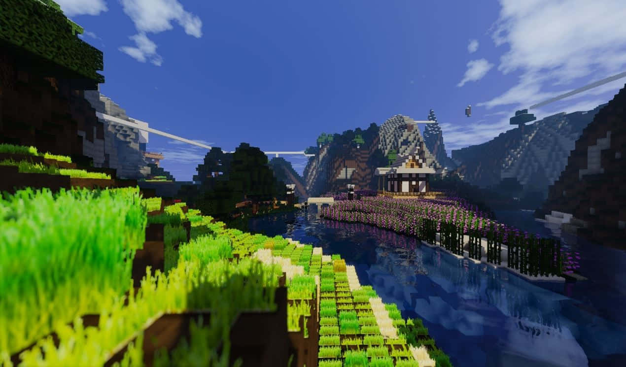 Minecraft, pixelated mountains, rivers, SD Desktop Wallpaper