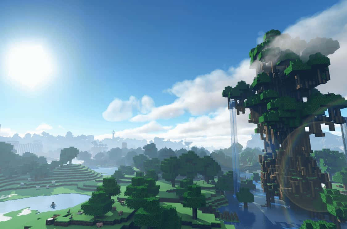 Minecraft, blocky Minecraft world, towering tree, SD Desktop Wallpaper