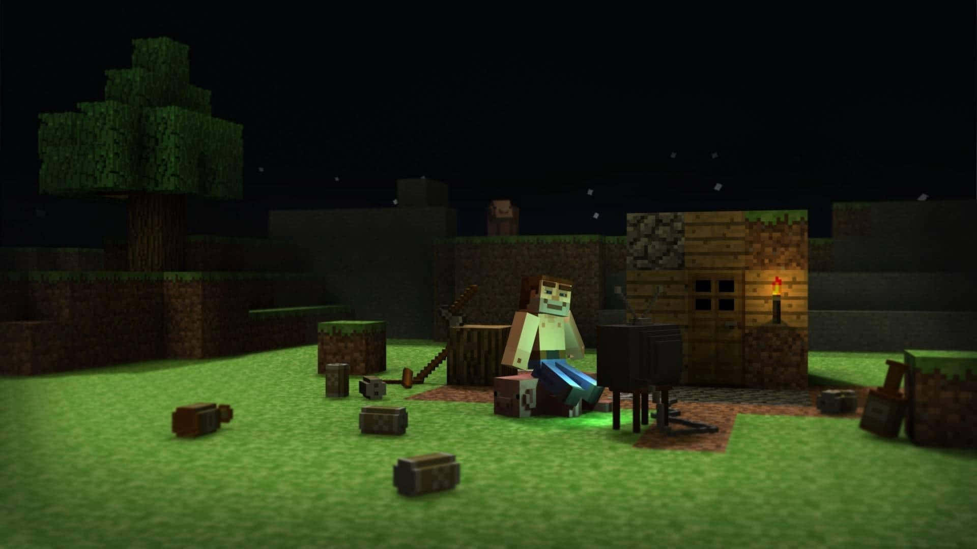 Minecraft, zombie, village, Full HD Desktop Wallpaper