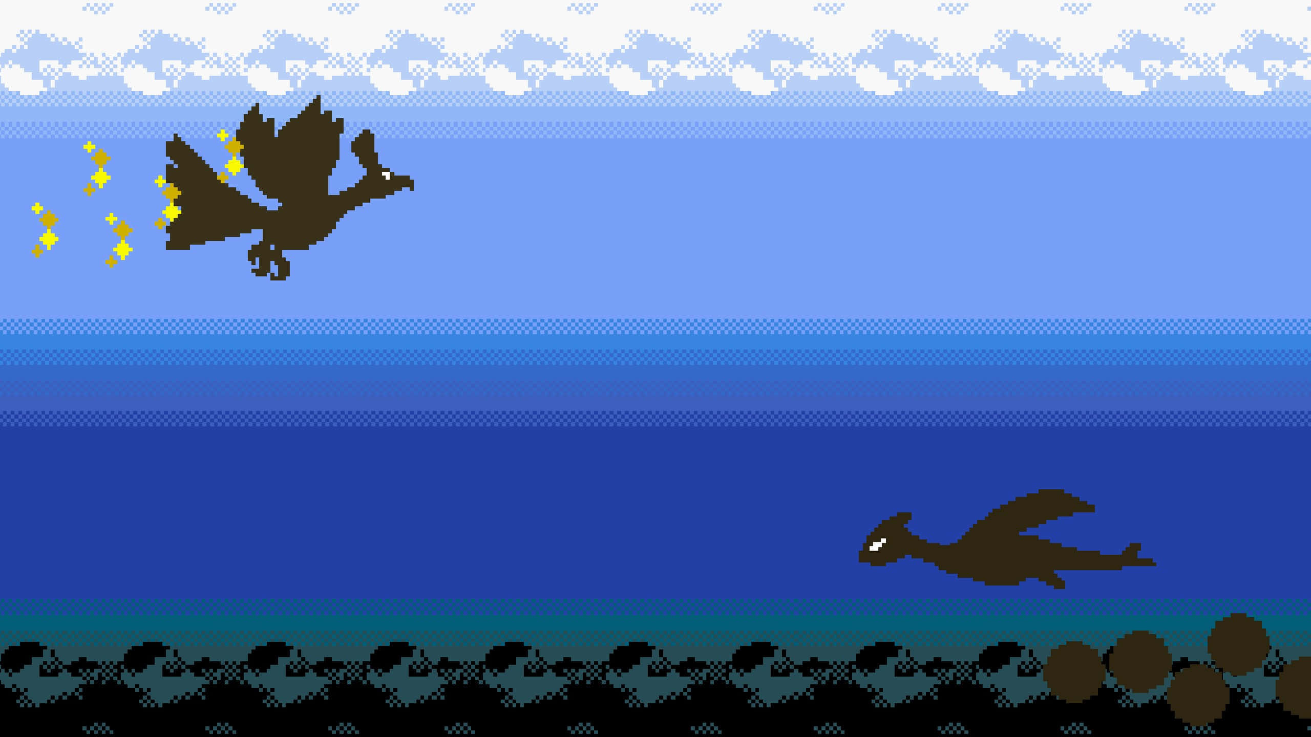 Pixel Art Pokemon Battle Scene, Pixelated dragons, blue gradient sky, 2K Desktop Wallpaper