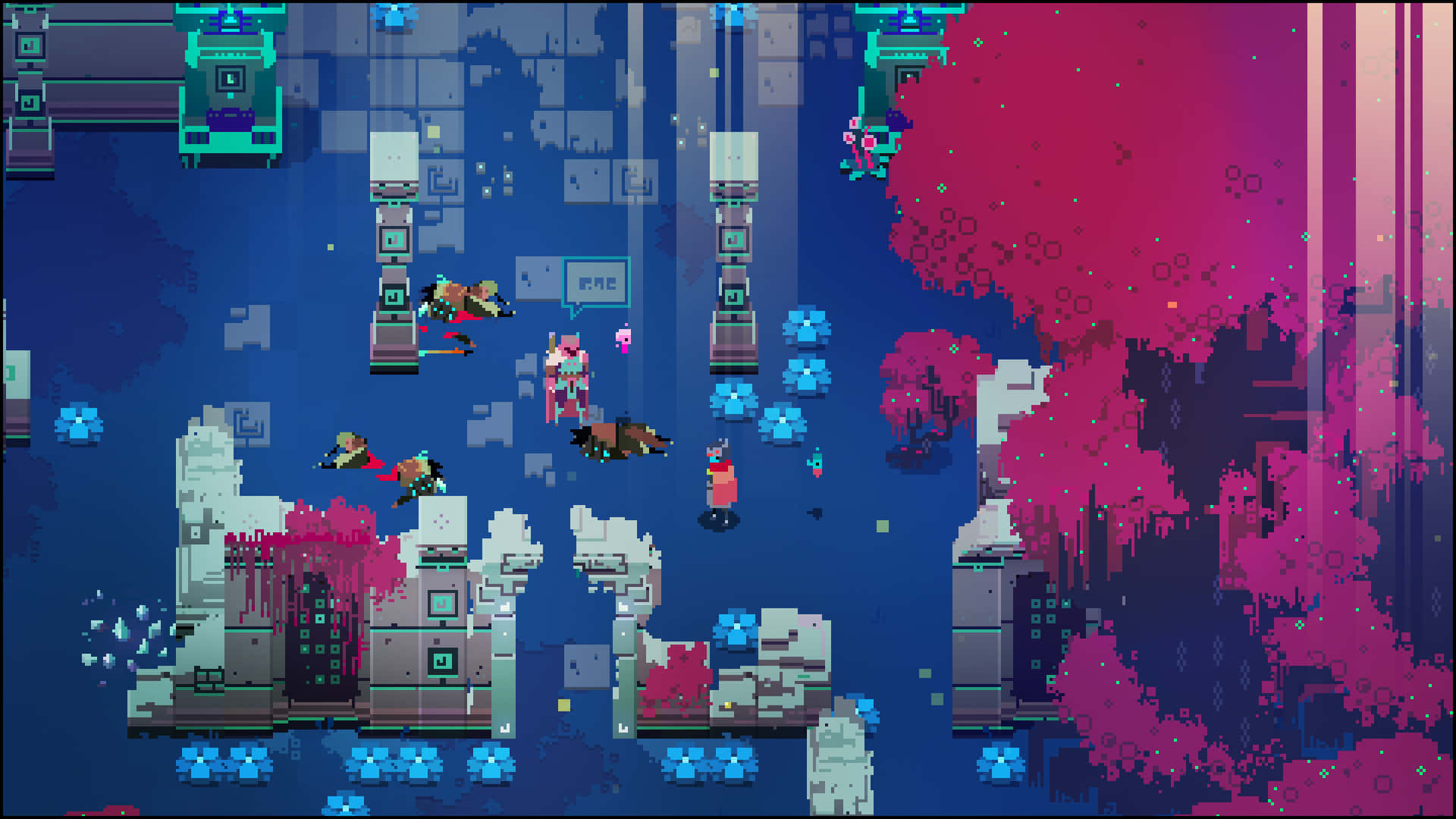 pixel art game, pink and purple background, futuristic cityscape, Full HD Desktop Wallpaper