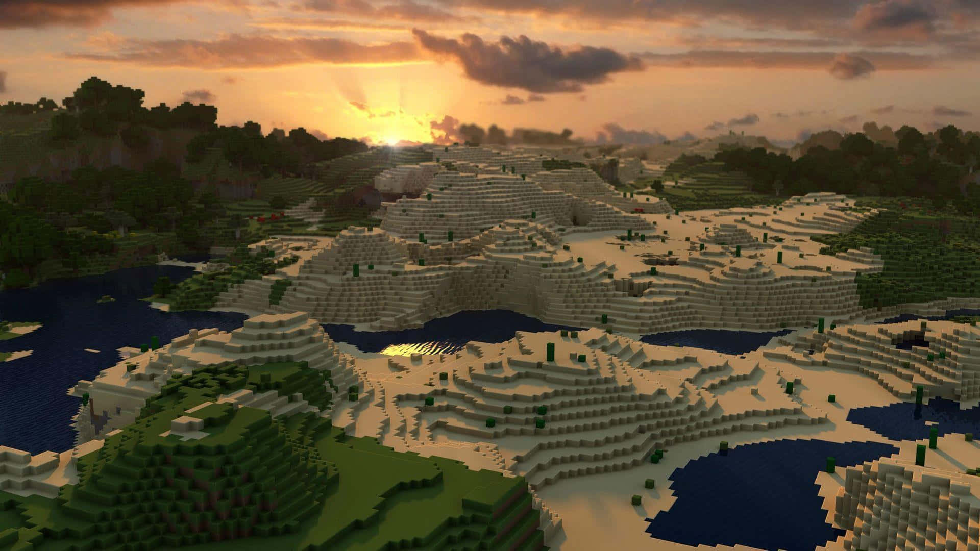 Minecraft Pocket Edition, sunset, blocky mountains, Full HD Desktop Wallpaper