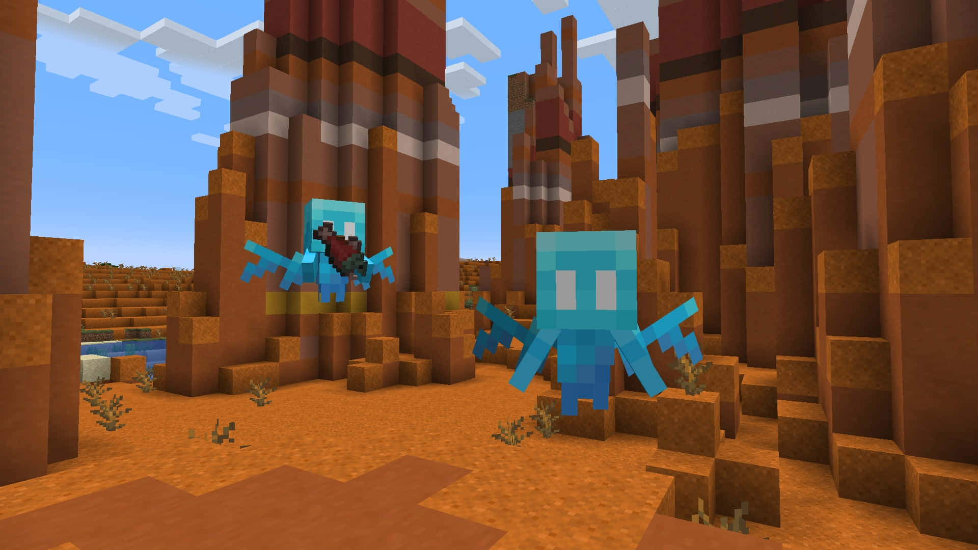 Minecraft Pocket Edition, pixelated blue axolotls, desert canyon, Full HD Desktop Wallpaper