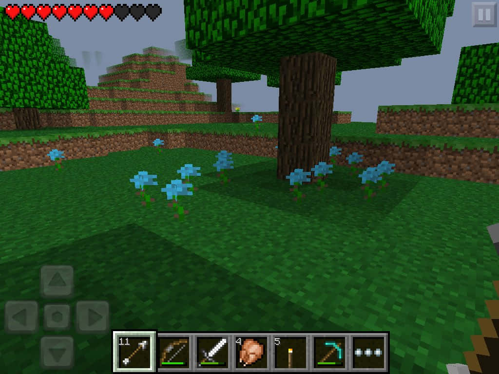 Minecraft Pocket Edition, pixelated Minecraft forest scene, blue flowers, SD Desktop Wallpaper