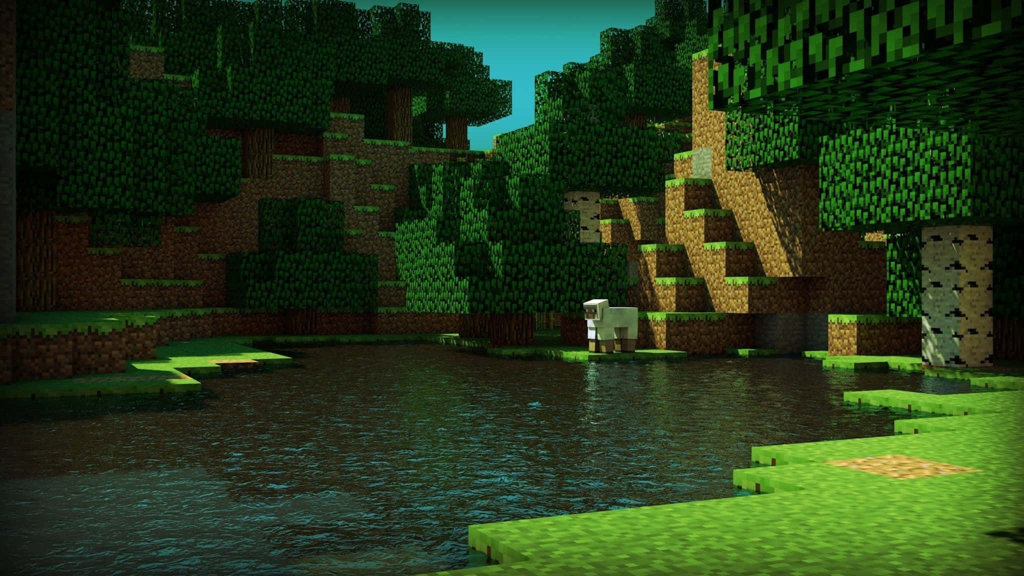 Minecraft Pocket Edition, pixelated sheep, calm river, Full HD Desktop Wallpaper