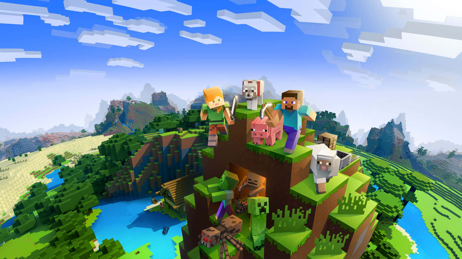 Minecraft Pocket Edition, Minecraft players, animals, Full HD Desktop Wallpaper