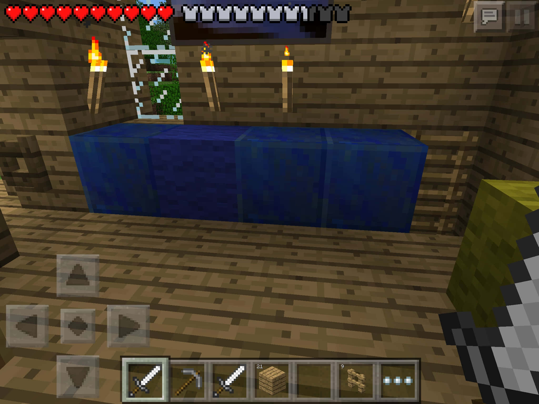 Minecraft Pocket Edition, wooden underground room, torches, Full HD Desktop Wallpaper