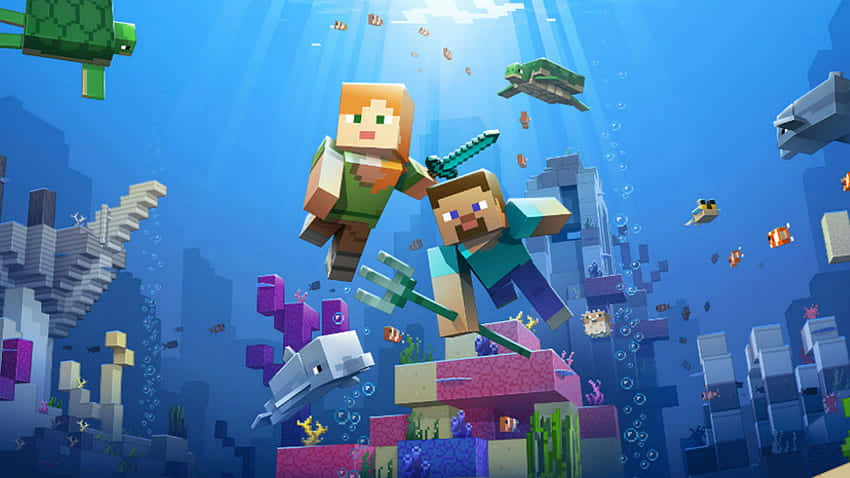 Minecraft Pocket Edition, Minecraft characters, coral reefs, SD Desktop Wallpaper