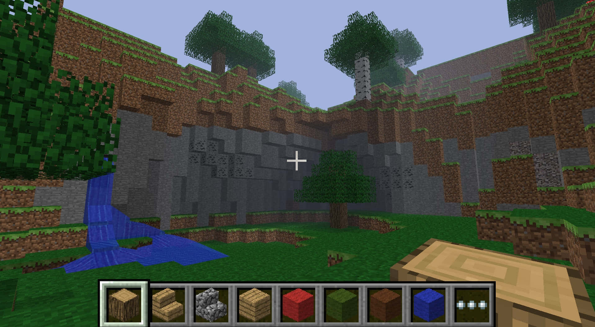 Minecraft Pocket Edition, pixelated Minecraft landscape, waterfall, HD Desktop Wallpaper