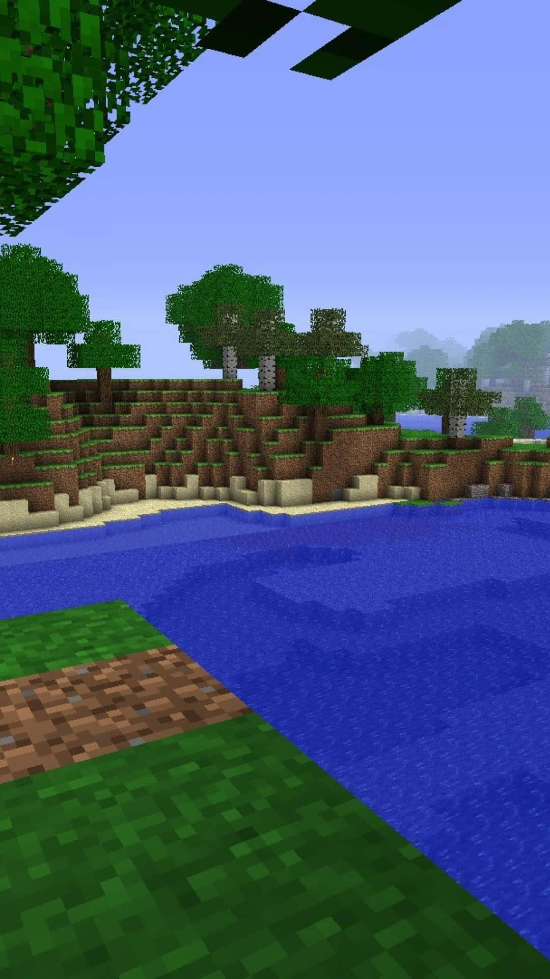 Minecraft Pocket Edition, blue river, green grassy banks, Full HD Phone Wallpaper