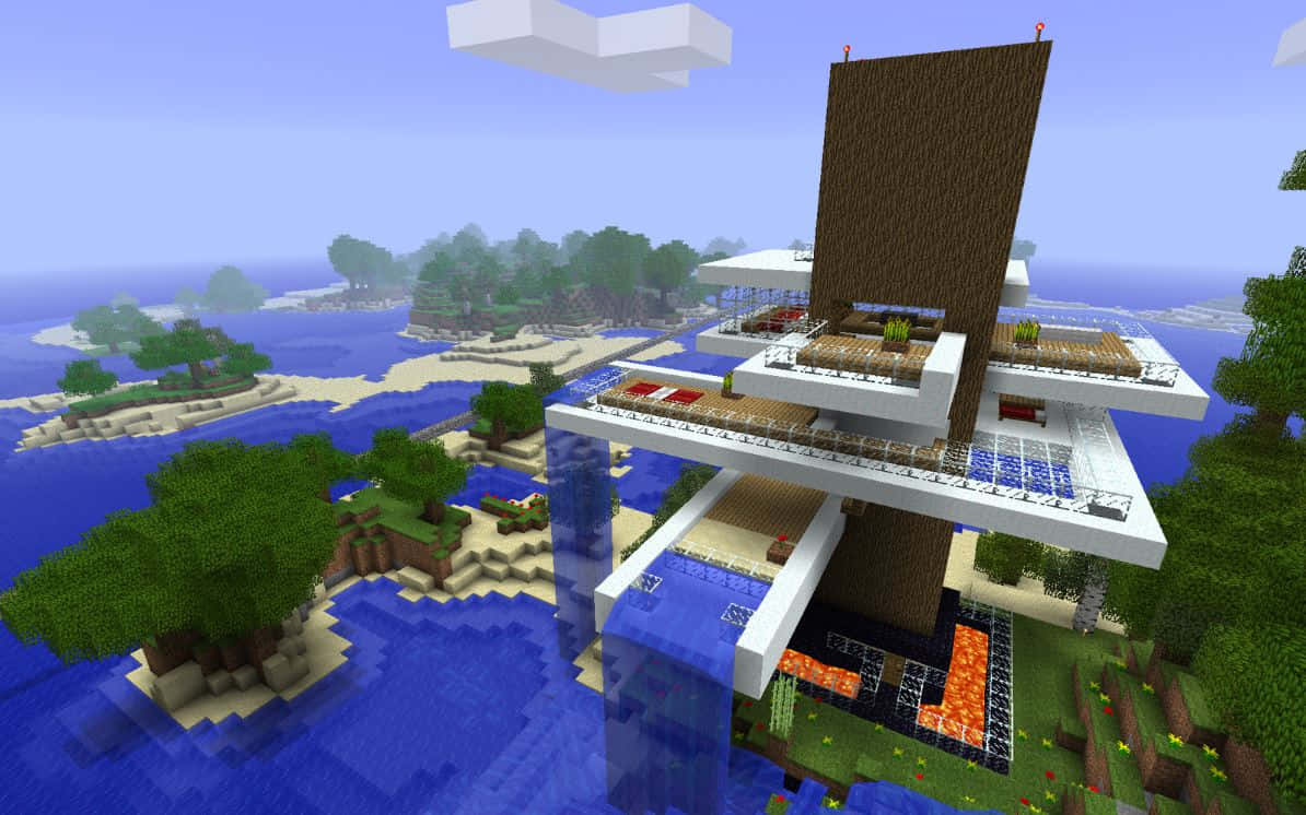 Minecraft Pocket Edition, pixelated Minecraft mansion, glass balconies, SD Desktop Wallpaper