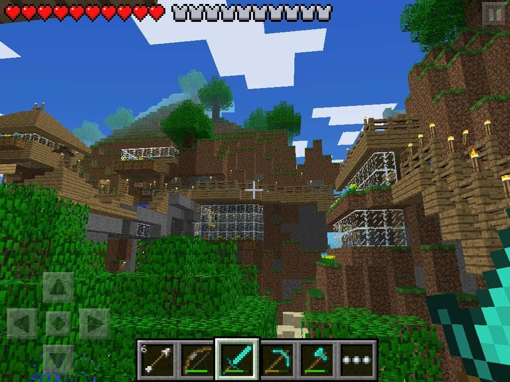 Minecraft Pocket Edition, pixelated mountain village, wooden structures, SD Desktop Wallpaper
