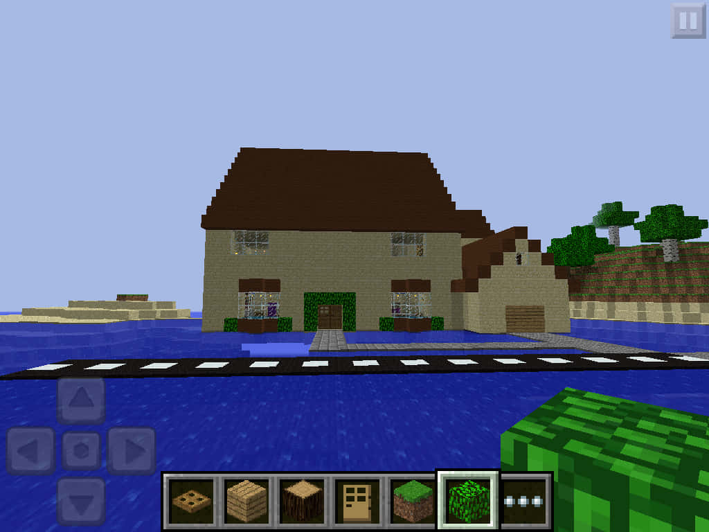 Minecraft Pocket Edition, pixelated Minecraft house, brown roof, SD Desktop Wallpaper