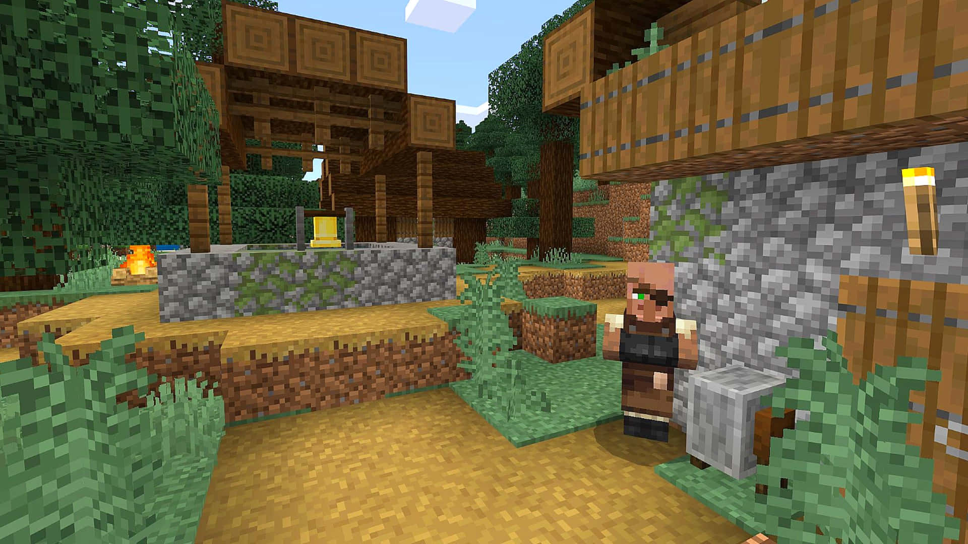 Minecraft Pocket Edition, pixelated Minecraft villager, stone wall, Full HD Desktop Wallpaper