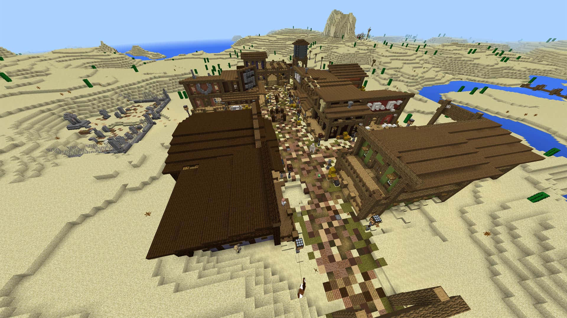 Minecraft Pocket Edition, desert town, wooden buildings, Full HD Desktop Wallpaper