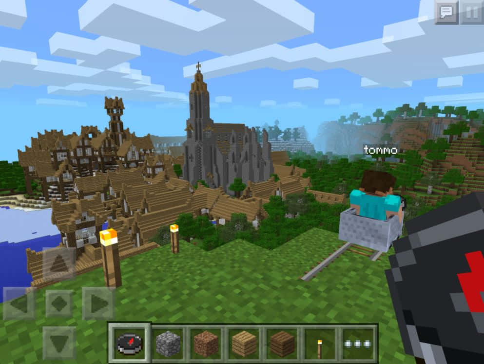 Minecraft Pocket Edition, minecart, medieval village, SD Desktop Wallpaper